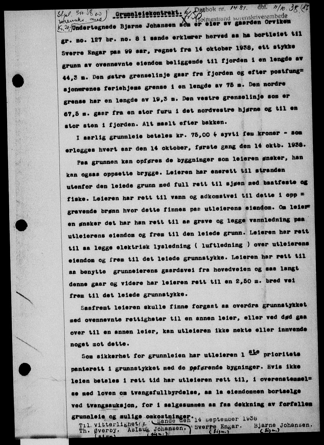 Holmestrand sorenskriveri, SAKO/A-67/G/Ga/Gaa/L0050: Pantebok nr. A-50, 1938-1939, Dagboknr: 1481/1938