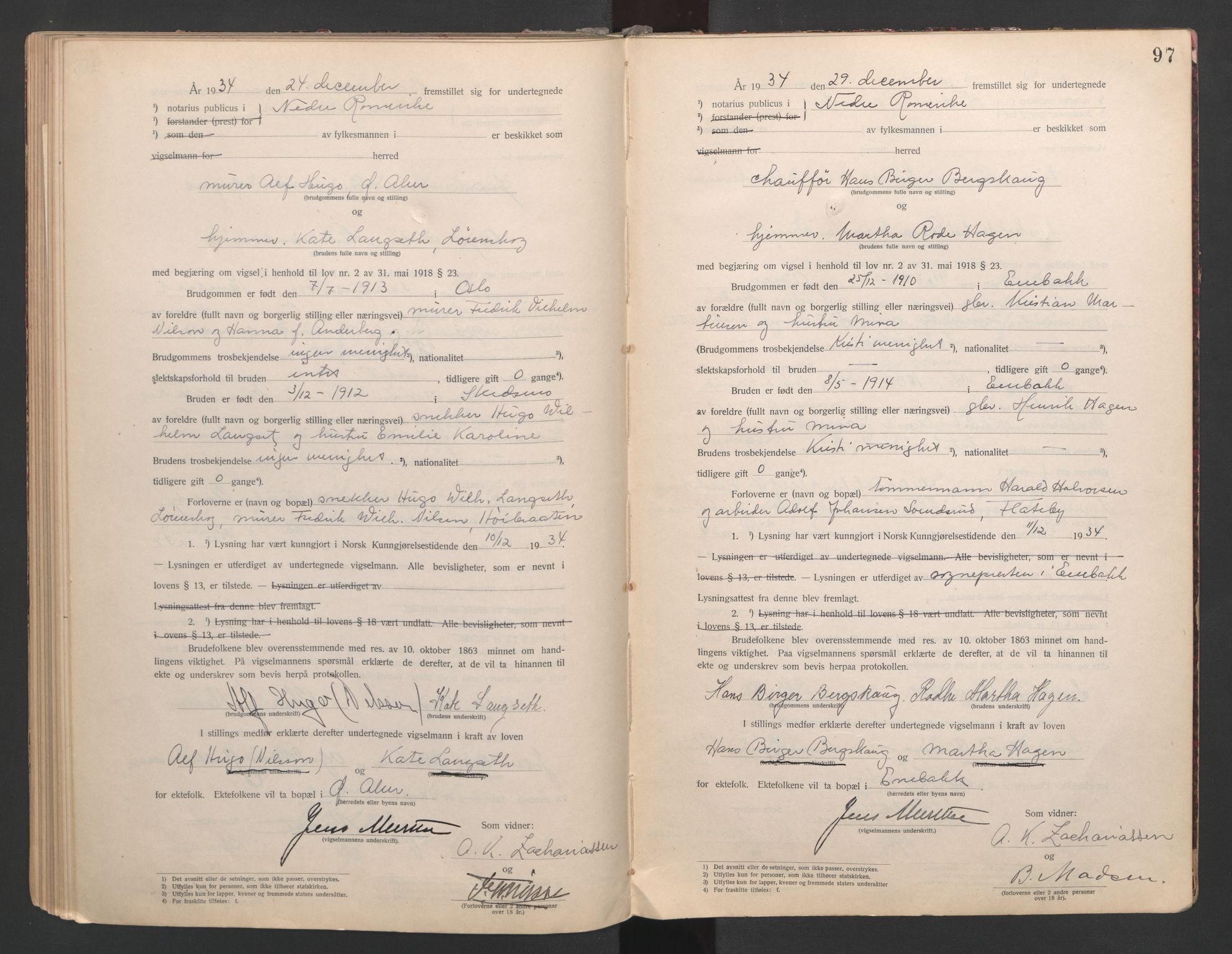 Nedre Romerike sorenskriveri, AV/SAO-A-10469/L/Lb/L0001: Vigselsbok - borgerlige vielser, 1920-1935, s. 97