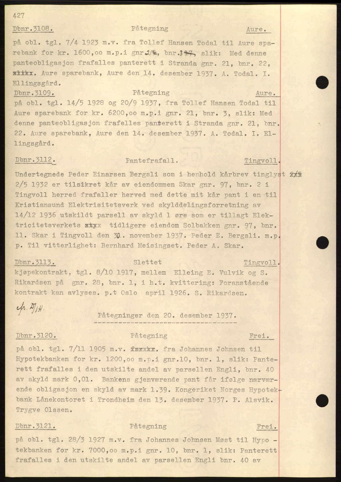 Nordmøre sorenskriveri, SAT/A-4132/1/2/2Ca: Pantebok nr. C80, 1936-1939, Dagboknr: 3108/1937