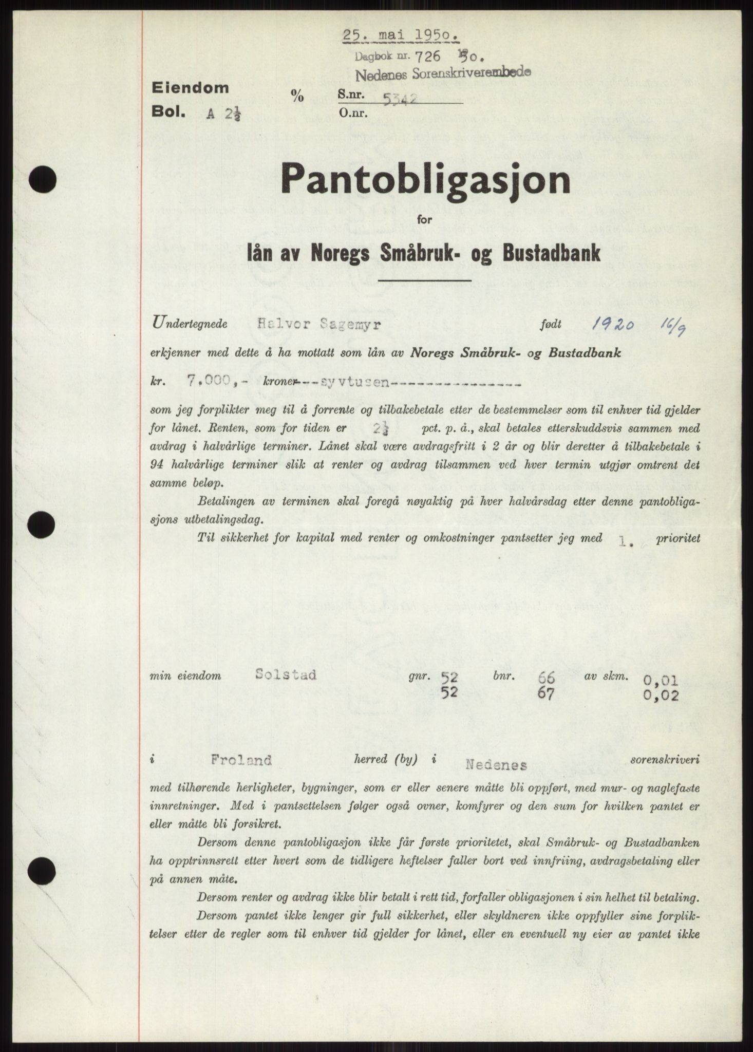 Nedenes sorenskriveri, AV/SAK-1221-0006/G/Gb/Gbb/L0007: Pantebok nr. B7, 1949-1950, Dagboknr: 726/1950
