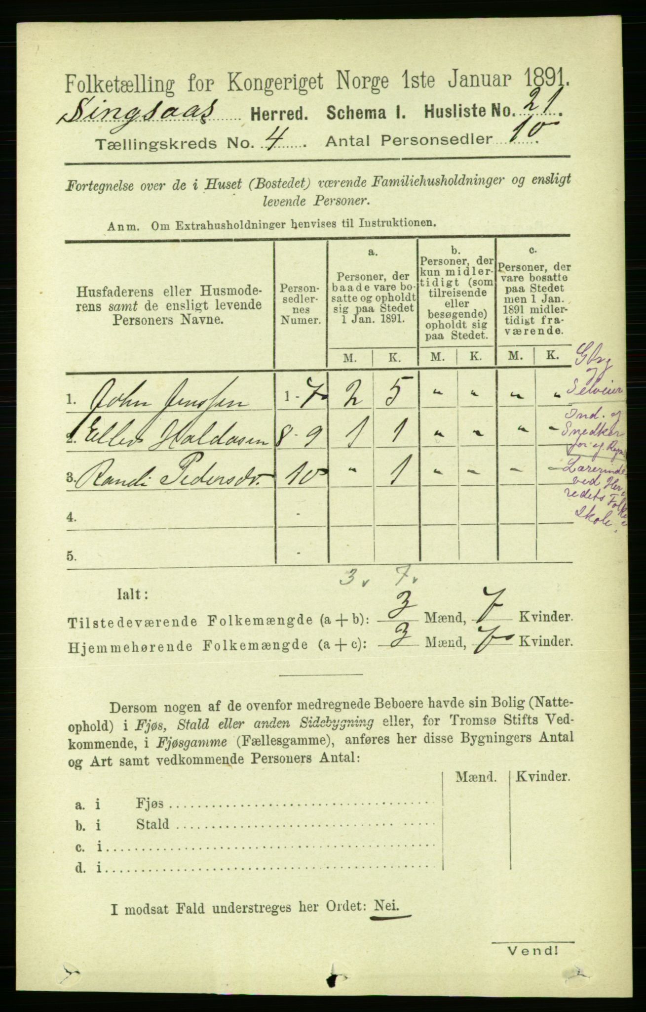 RA, Folketelling 1891 for 1646 Singsås herred, 1891, s. 833