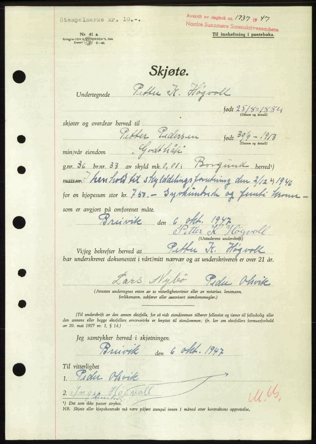 Nordre Sunnmøre sorenskriveri, AV/SAT-A-0006/1/2/2C/2Ca: Pantebok nr. A25, 1947-1947, Dagboknr: 1737/1947