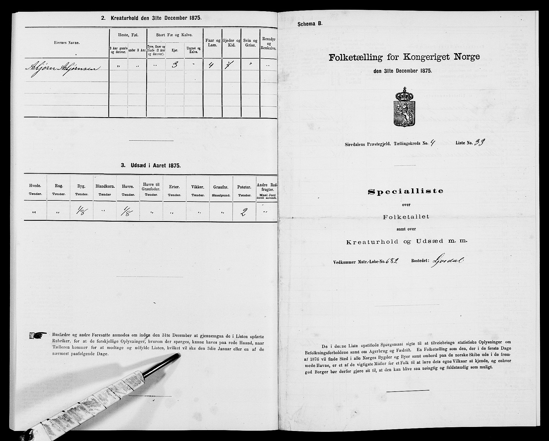 SAK, Folketelling 1875 for 1046P Sirdal prestegjeld, 1875, s. 399