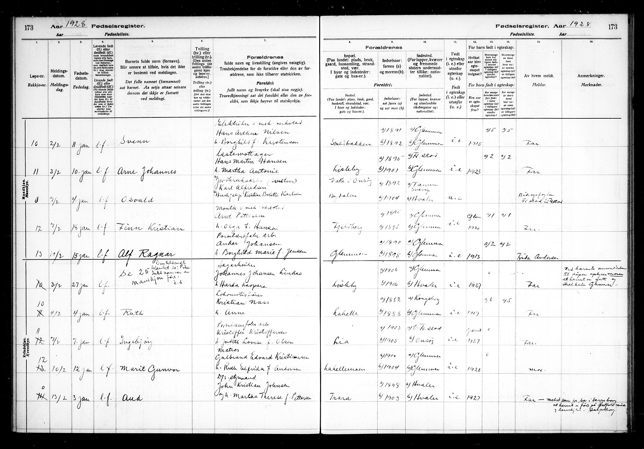 Glemmen prestekontor Kirkebøker, AV/SAO-A-10908/J/Ja/L0002: Fødselsregister nr. I 2, 1922-1929, s. 173