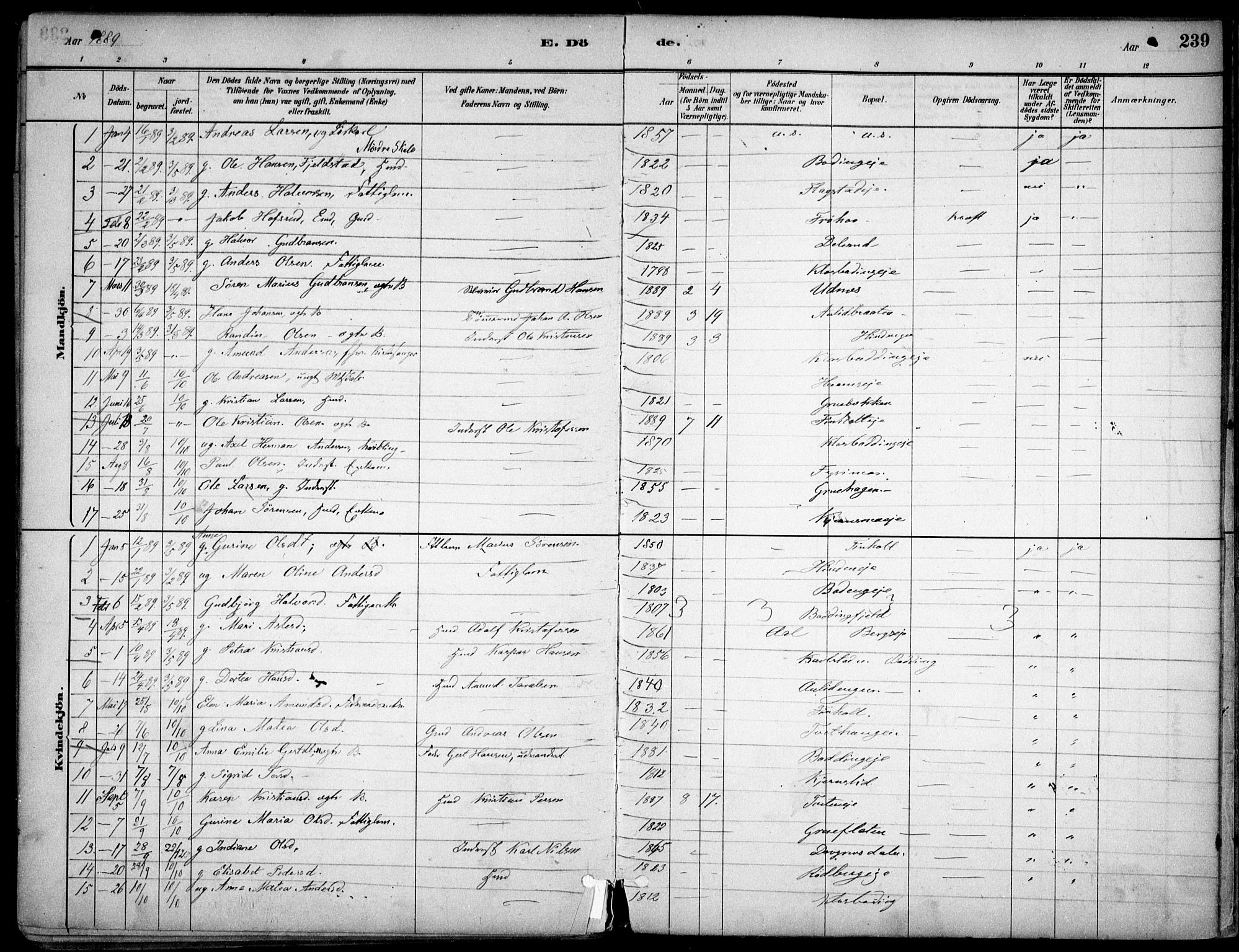 Nes prestekontor Kirkebøker, AV/SAO-A-10410/F/Fc/L0002: Ministerialbok nr. IIi 2, 1882-1916, s. 239