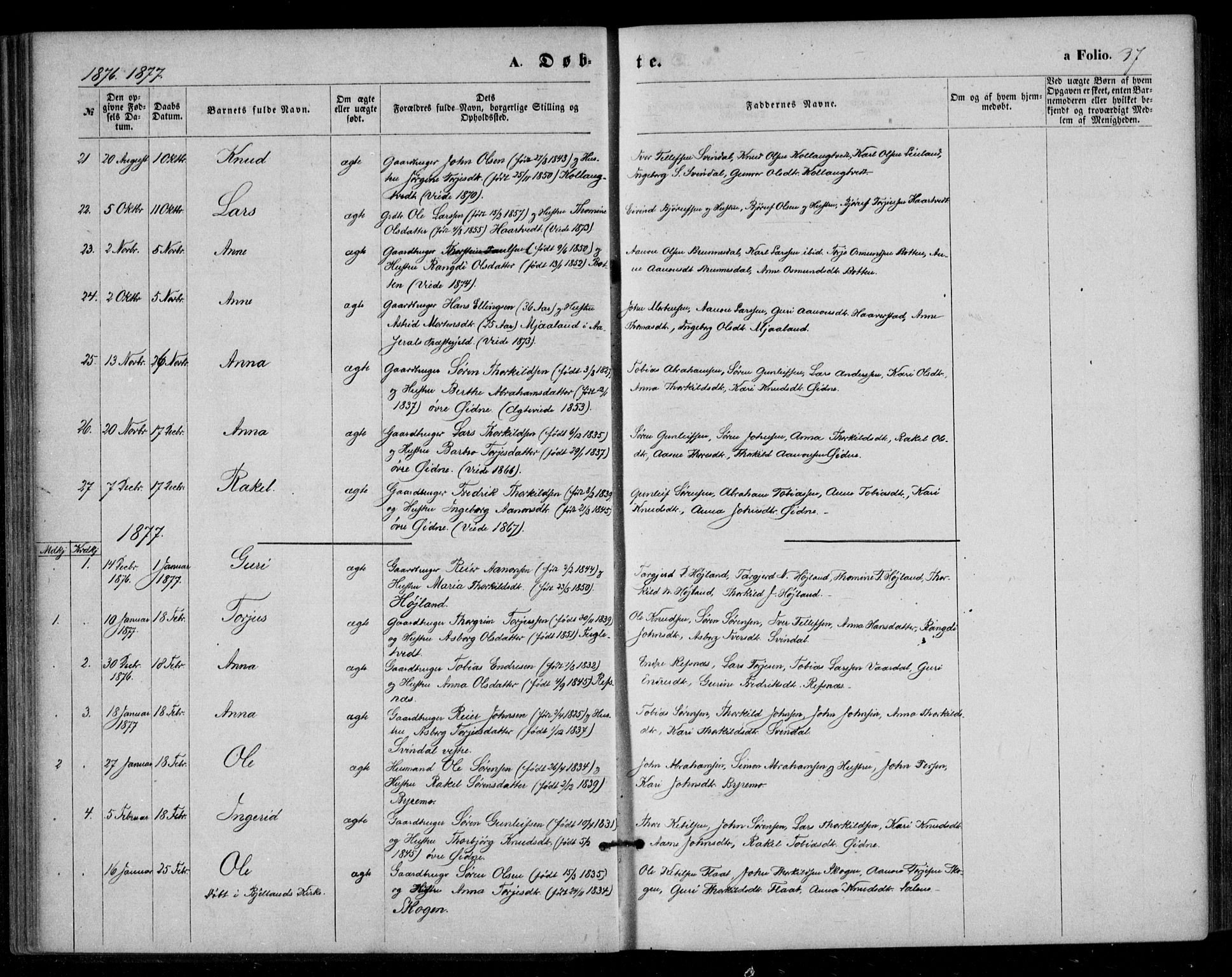 Bjelland sokneprestkontor, AV/SAK-1111-0005/F/Fa/Fac/L0002: Ministerialbok nr. A 2, 1866-1887, s. 37