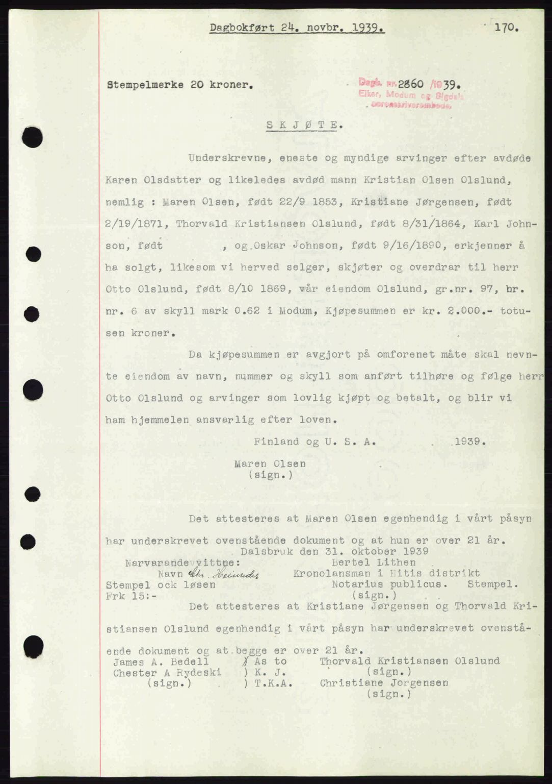 Eiker, Modum og Sigdal sorenskriveri, SAKO/A-123/G/Ga/Gab/L0041: Pantebok nr. A11, 1939-1940, Dagboknr: 2860/1939