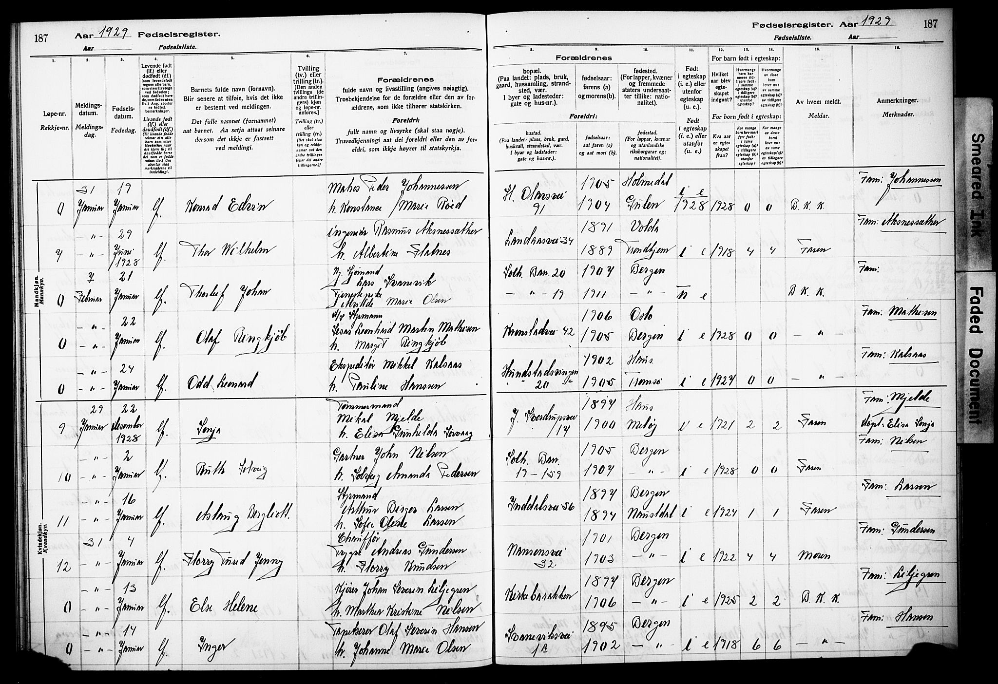 Årstad Sokneprestembete, AV/SAB-A-79301/I/Id/L0A03: Fødselsregister nr. A 3, 1924-1929, s. 187
