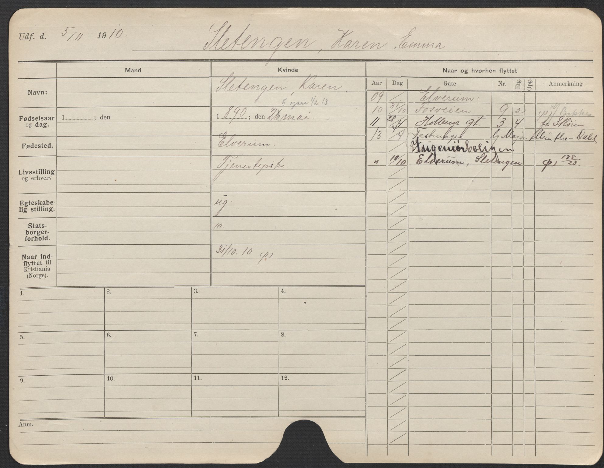 Oslo folkeregister, Registerkort, AV/SAO-A-11715/F/Fa/Fac/L0024: Kvinner, 1906-1914, s. 9a