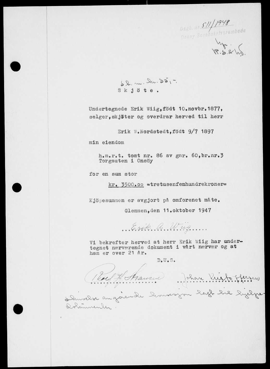 Onsøy sorenskriveri, SAO/A-10474/G/Ga/Gab/L0022: Pantebok nr. II A-22, 1947-1948, Dagboknr: 511/1948