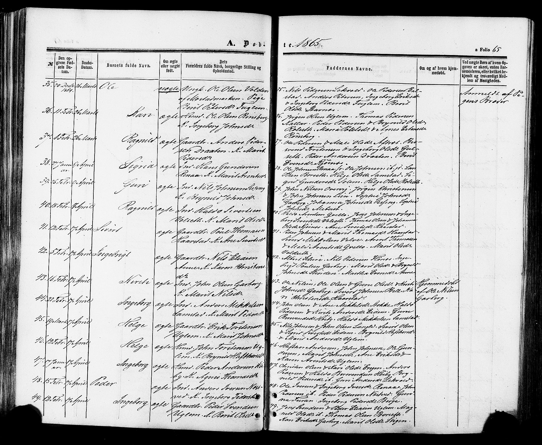 Ministerialprotokoller, klokkerbøker og fødselsregistre - Sør-Trøndelag, AV/SAT-A-1456/695/L1147: Ministerialbok nr. 695A07, 1860-1877, s. 65