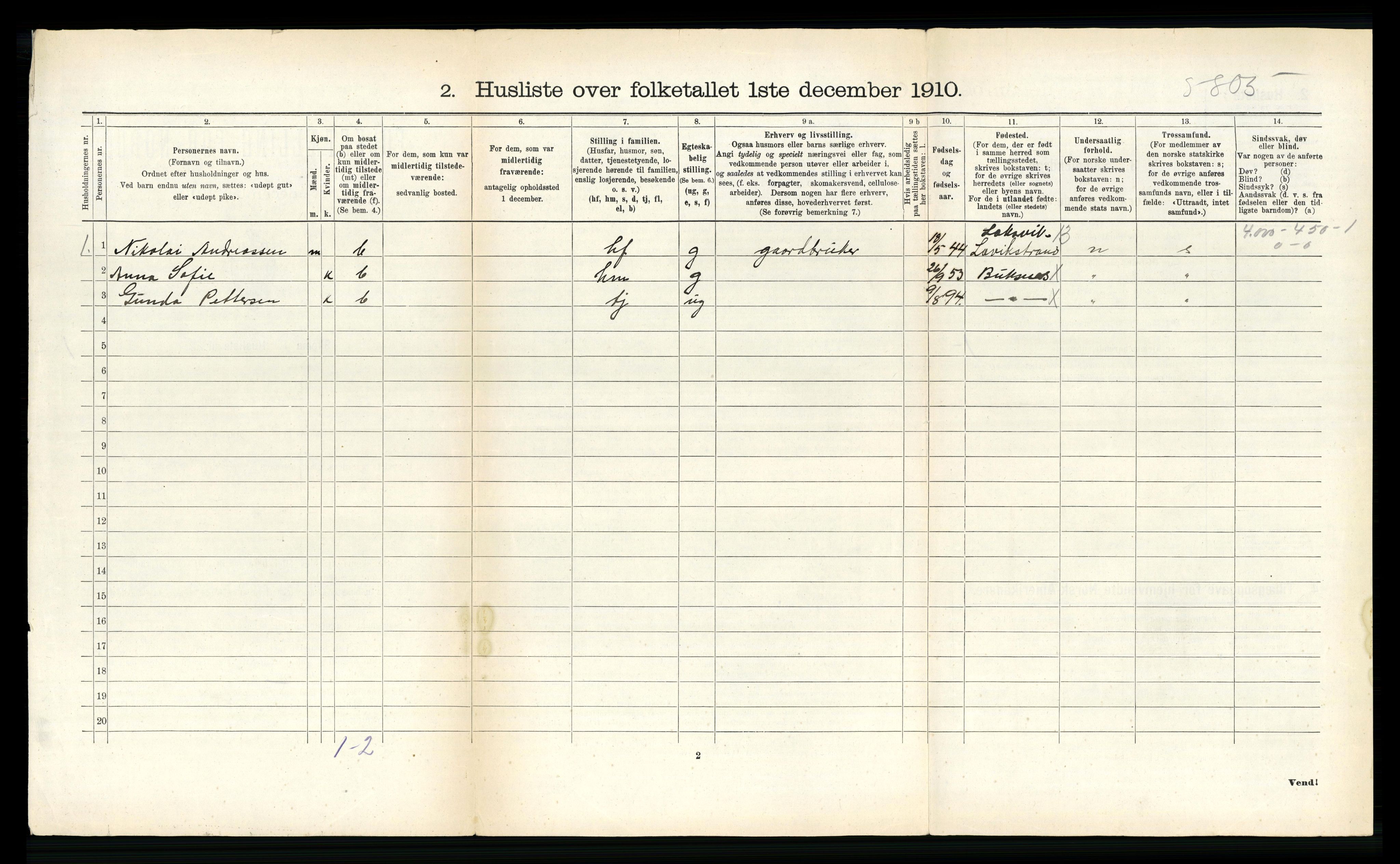 RA, Folketelling 1910 for 1860 Buksnes herred, 1910, s. 1319