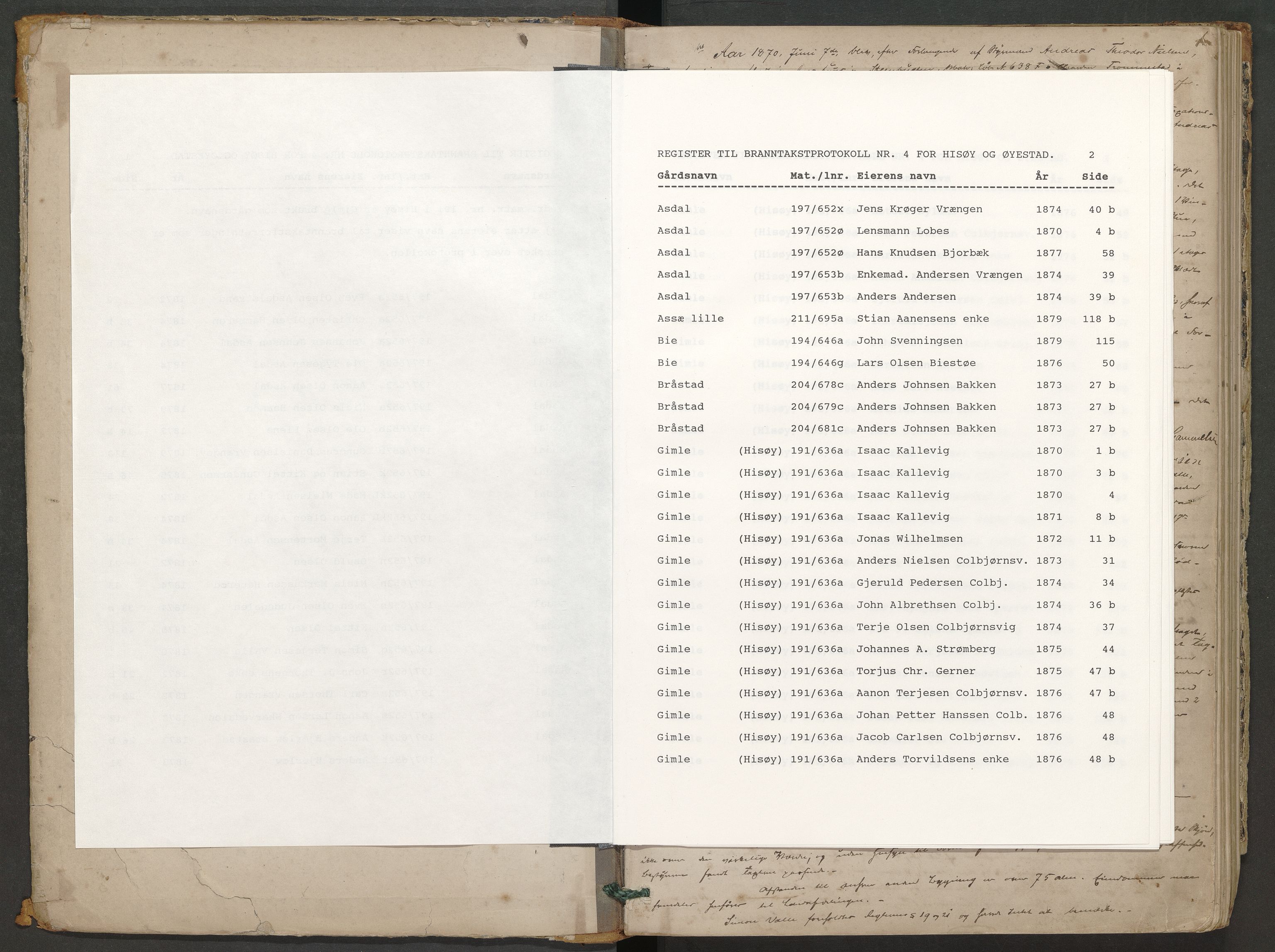 Norges Brannkasse Øyestad, AV/SAK-2241-0059/F/Fa/L0004: Branntakstprotokoll nr. 4 for Øyestad og Hisøy med gårdsnavnregister, 1870-1879