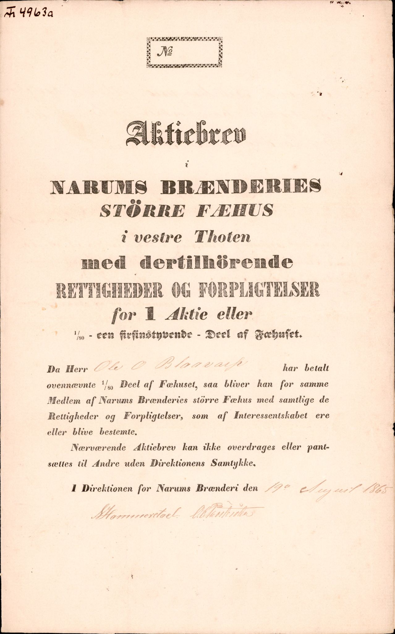 Narum Brenneri, OAMM/T-A-00012/F/0001/0002 / Aksjebrever Mindre og Større Fehus, 1868