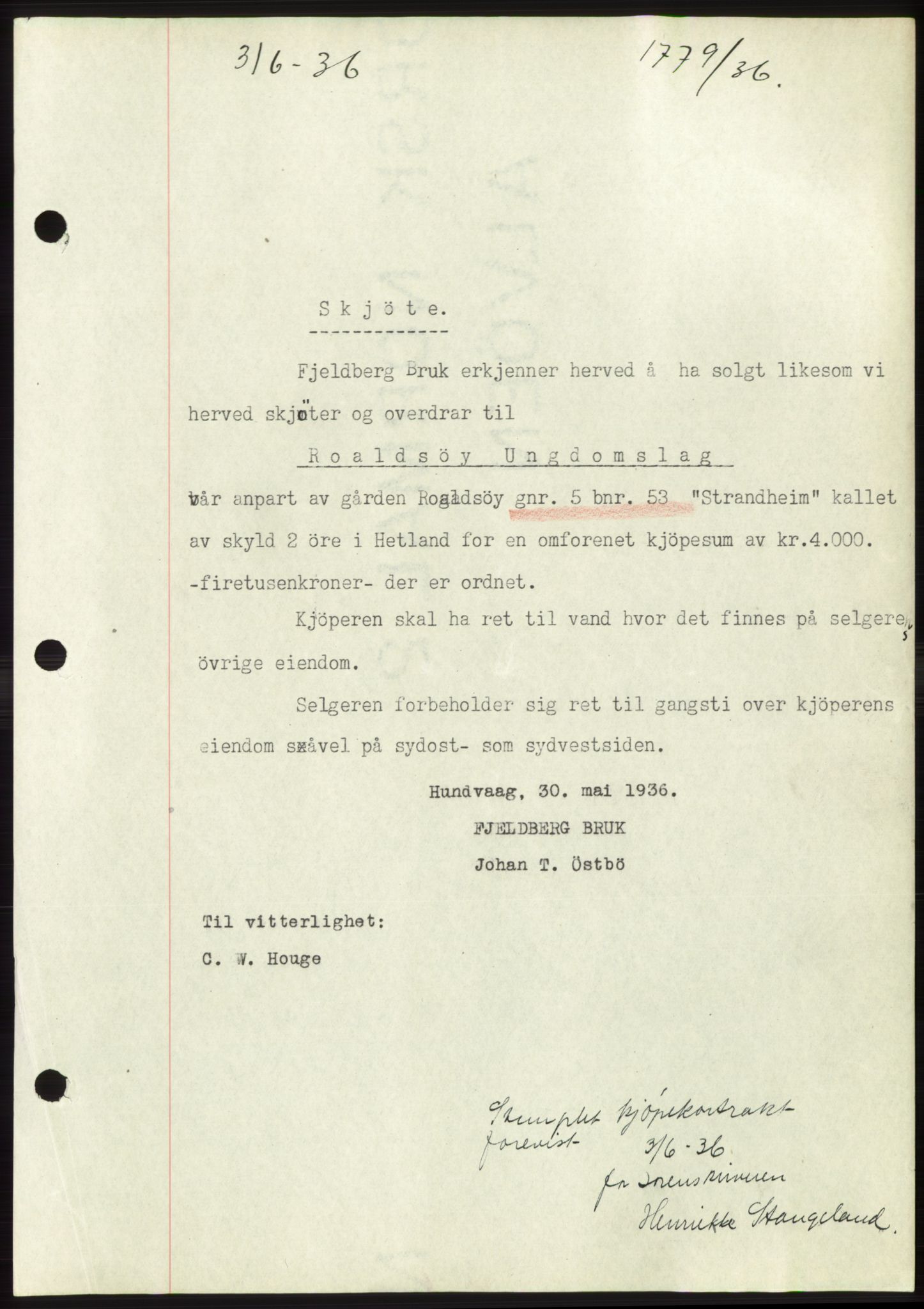 Jæren sorenskriveri, SAST/A-100310/03/G/Gba/L0065: Pantebok nr. 71, 1936-1936, Dagboknr: 1779/1936