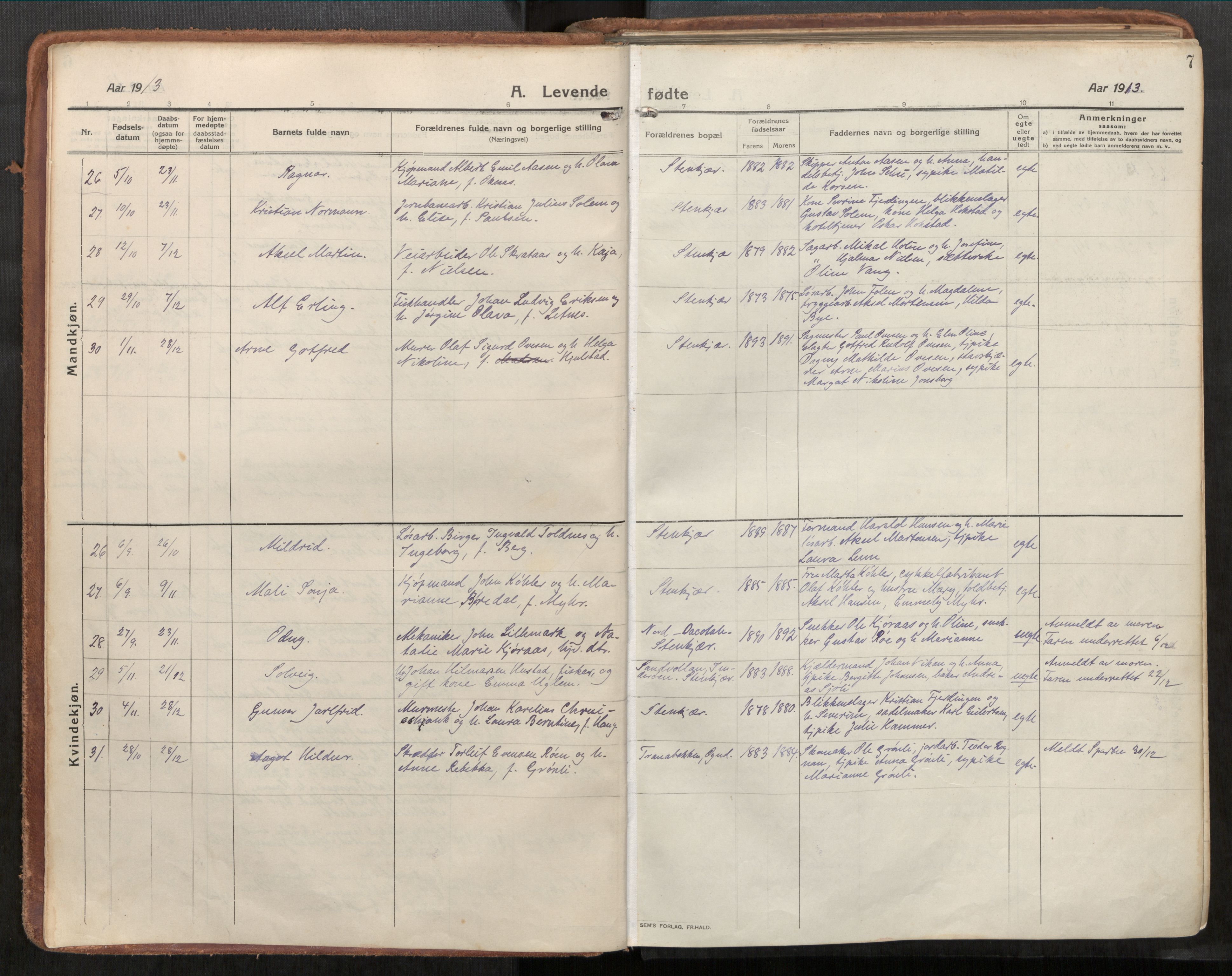 Steinkjer sokneprestkontor, AV/SAT-A-1541/01/H/Ha/Haa/L0003: Ministerialbok nr. 3, 1913-1922, s. 7