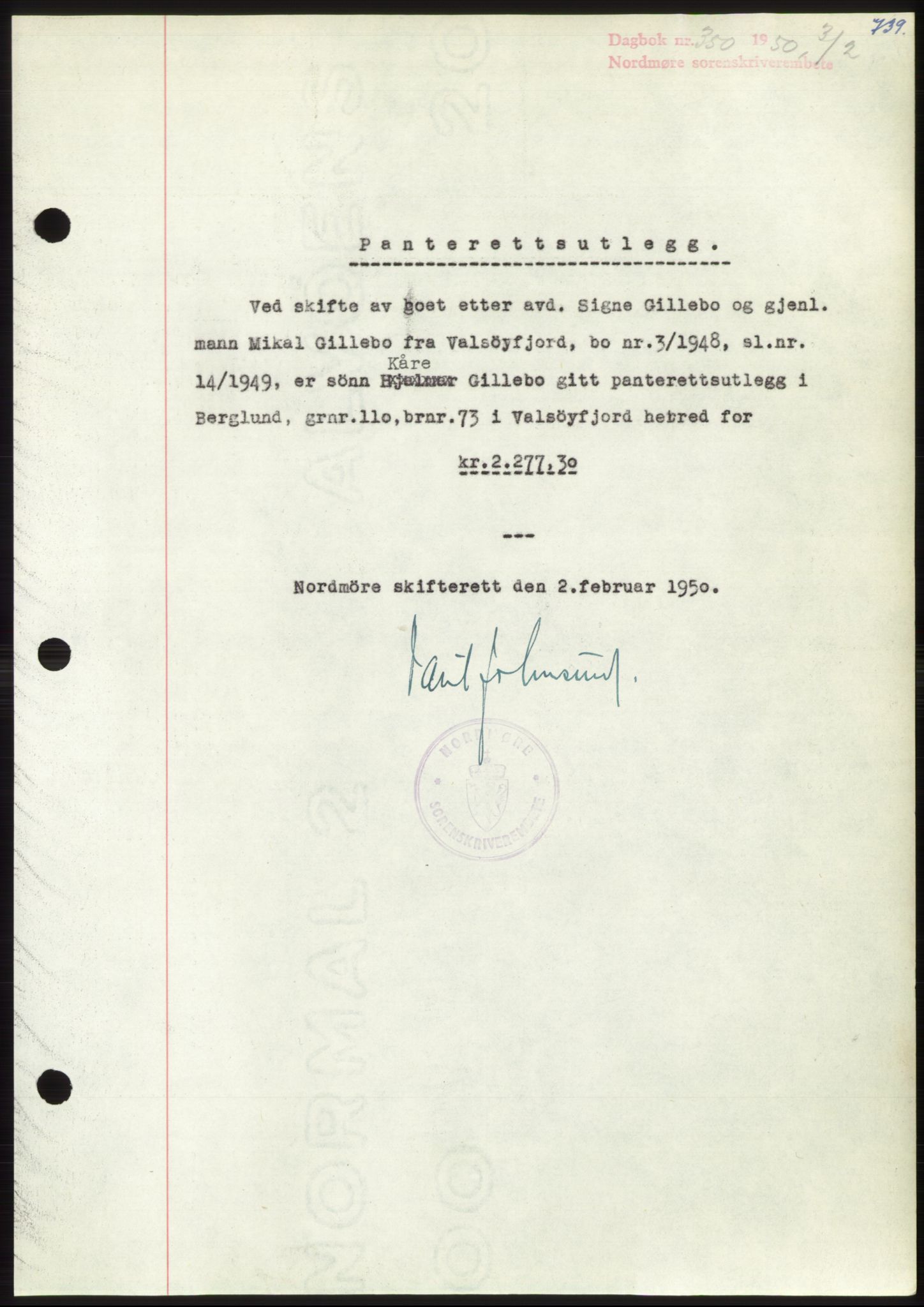 Nordmøre sorenskriveri, SAT/A-4132/1/2/2Ca: Pantebok nr. B103, 1949-1950, Dagboknr: 350/1950
