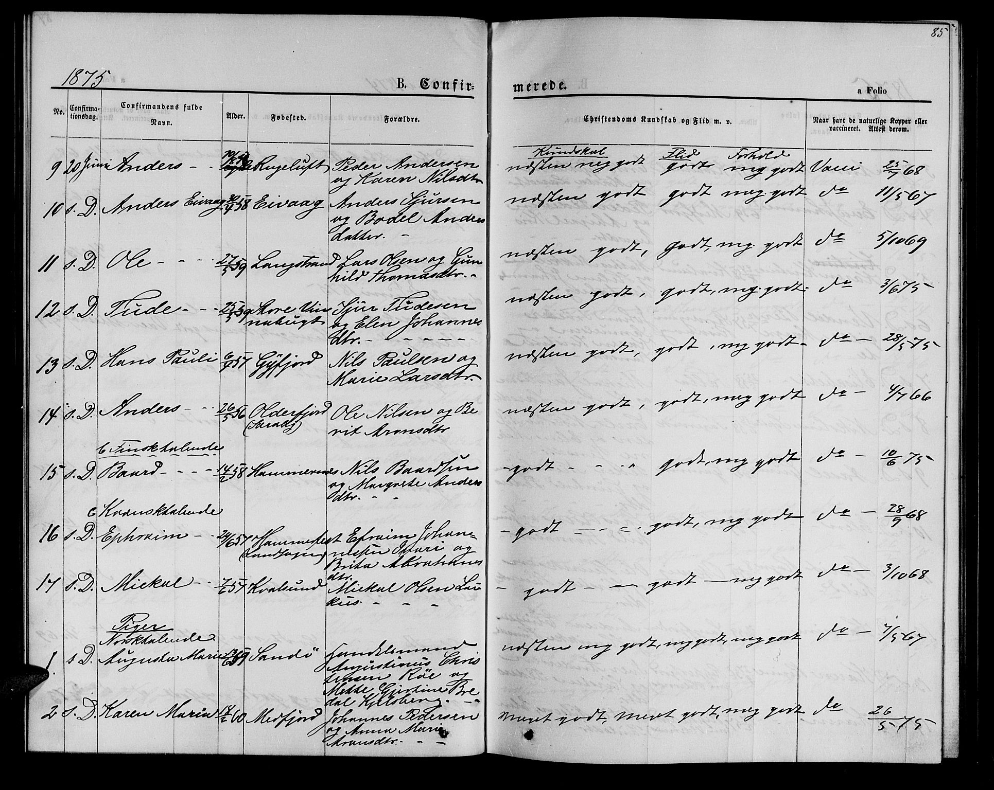 Hammerfest sokneprestkontor, SATØ/S-1347/H/Hb/L0005.klokk: Klokkerbok nr. 5, 1869-1884, s. 85