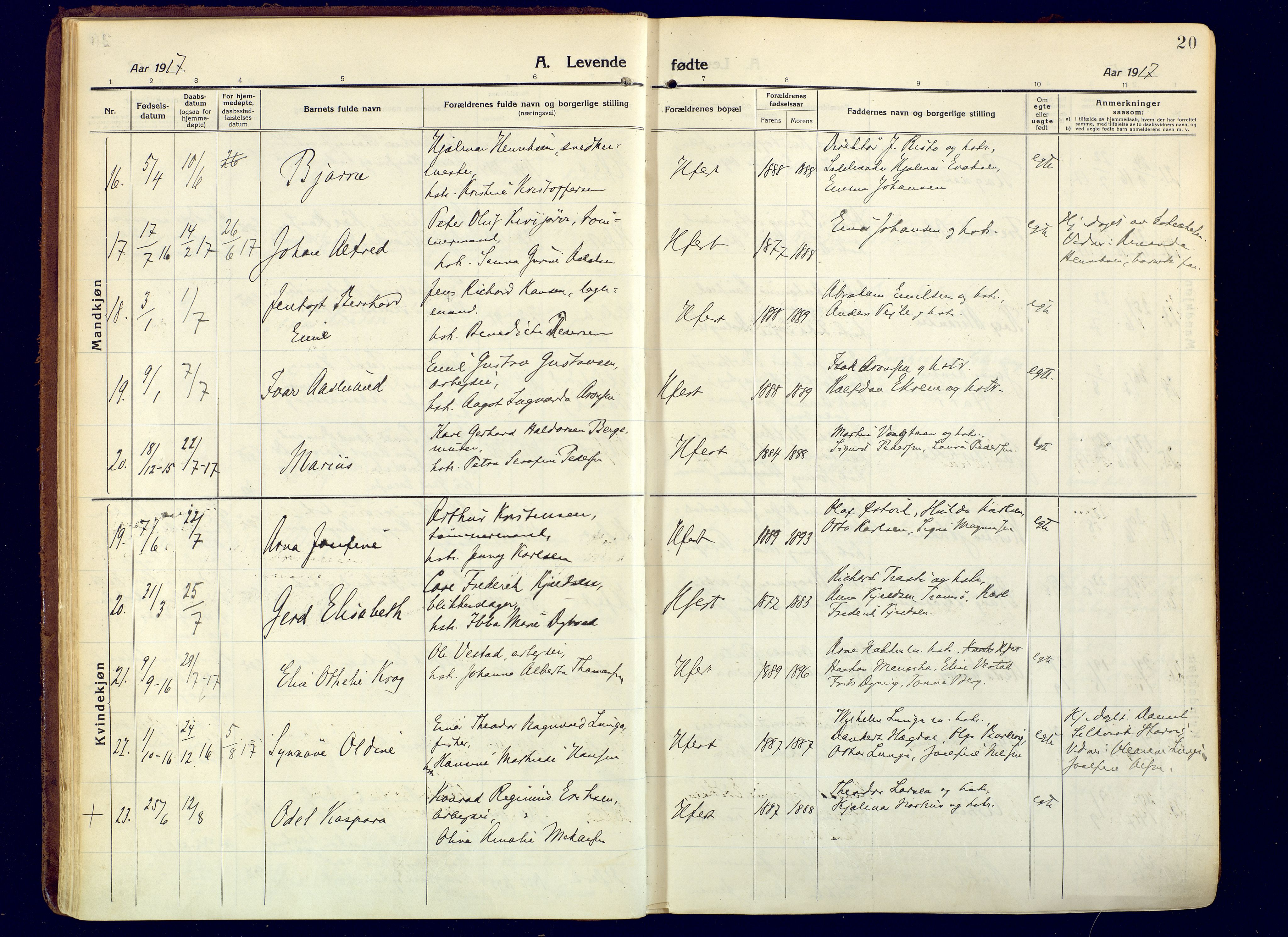 Hammerfest sokneprestkontor, AV/SATØ-S-1347/H/Ha/L0015.kirke: Ministerialbok nr. 15, 1916-1923, s. 20