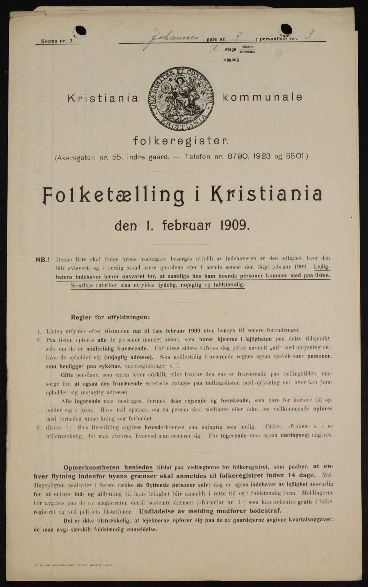 OBA, Kommunal folketelling 1.2.1909 for Kristiania kjøpstad, 1909, s. 43069