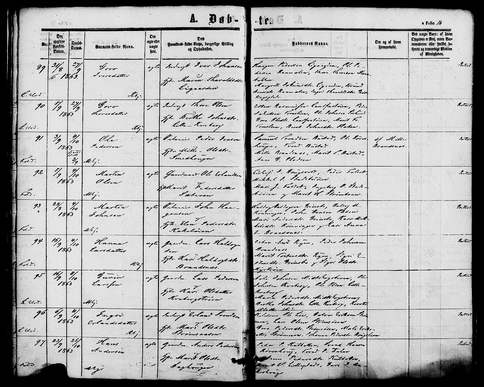 Alvdal prestekontor, AV/SAH-PREST-060/H/Ha/Haa/L0001: Ministerialbok nr. 1, 1863-1882, s. 14