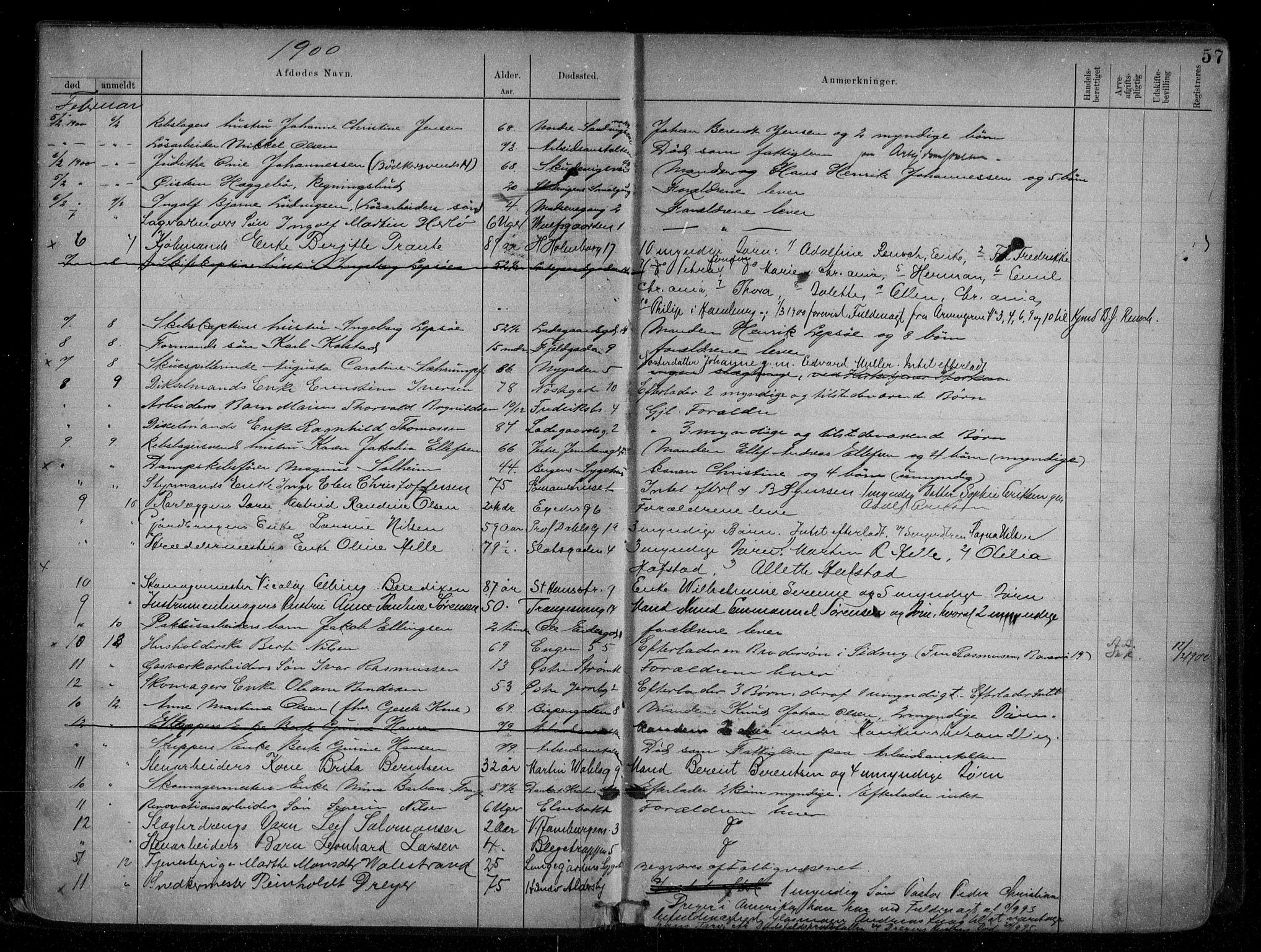 Byfogd og Byskriver i Bergen, AV/SAB-A-3401/06/06Na/L0007: Dødsfallsjournaler, 1898-1904, s. 56b-57a