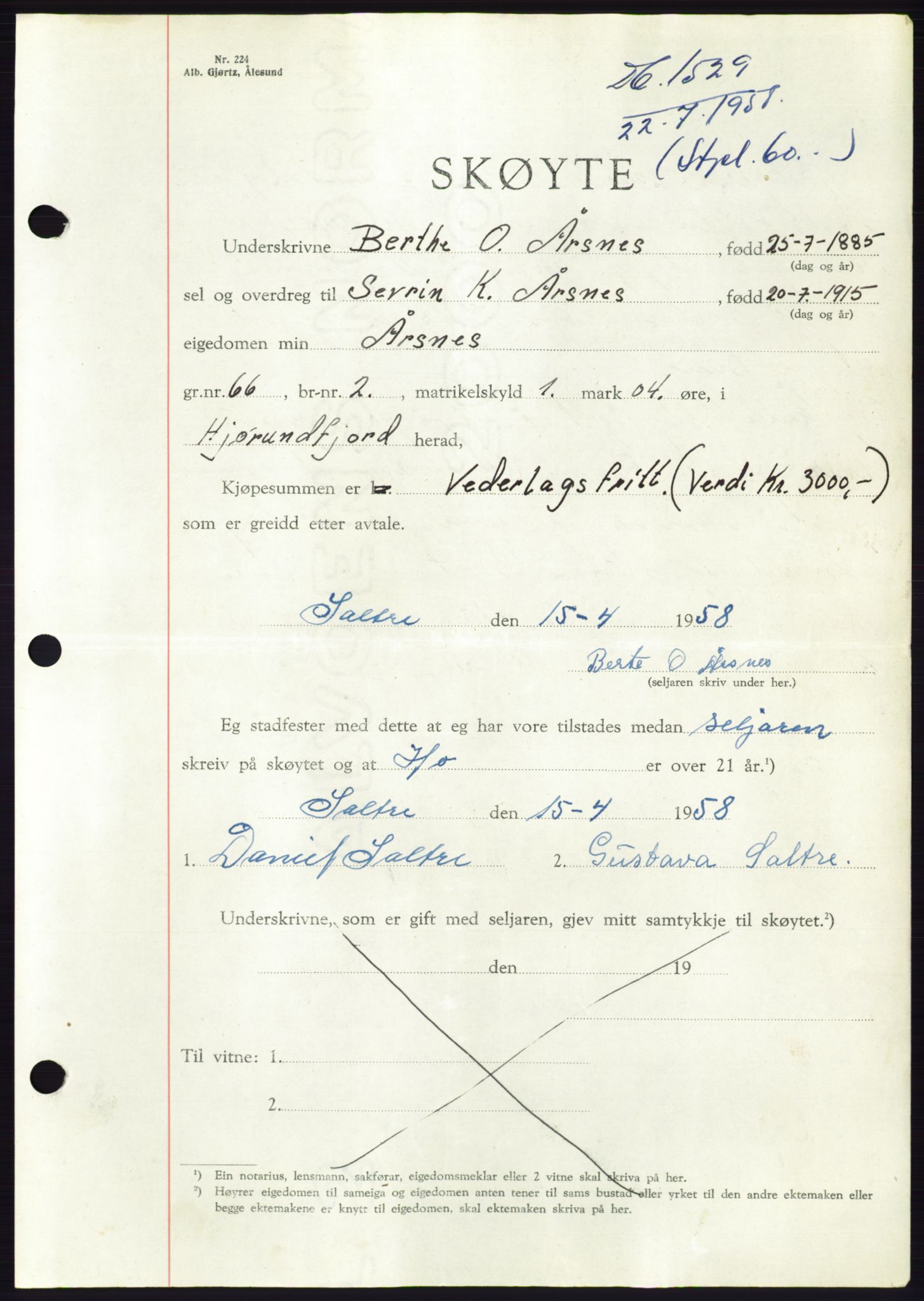 Søre Sunnmøre sorenskriveri, AV/SAT-A-4122/1/2/2C/L0110: Pantebok nr. 36A, 1958-1958, Dagboknr: 1529/1958