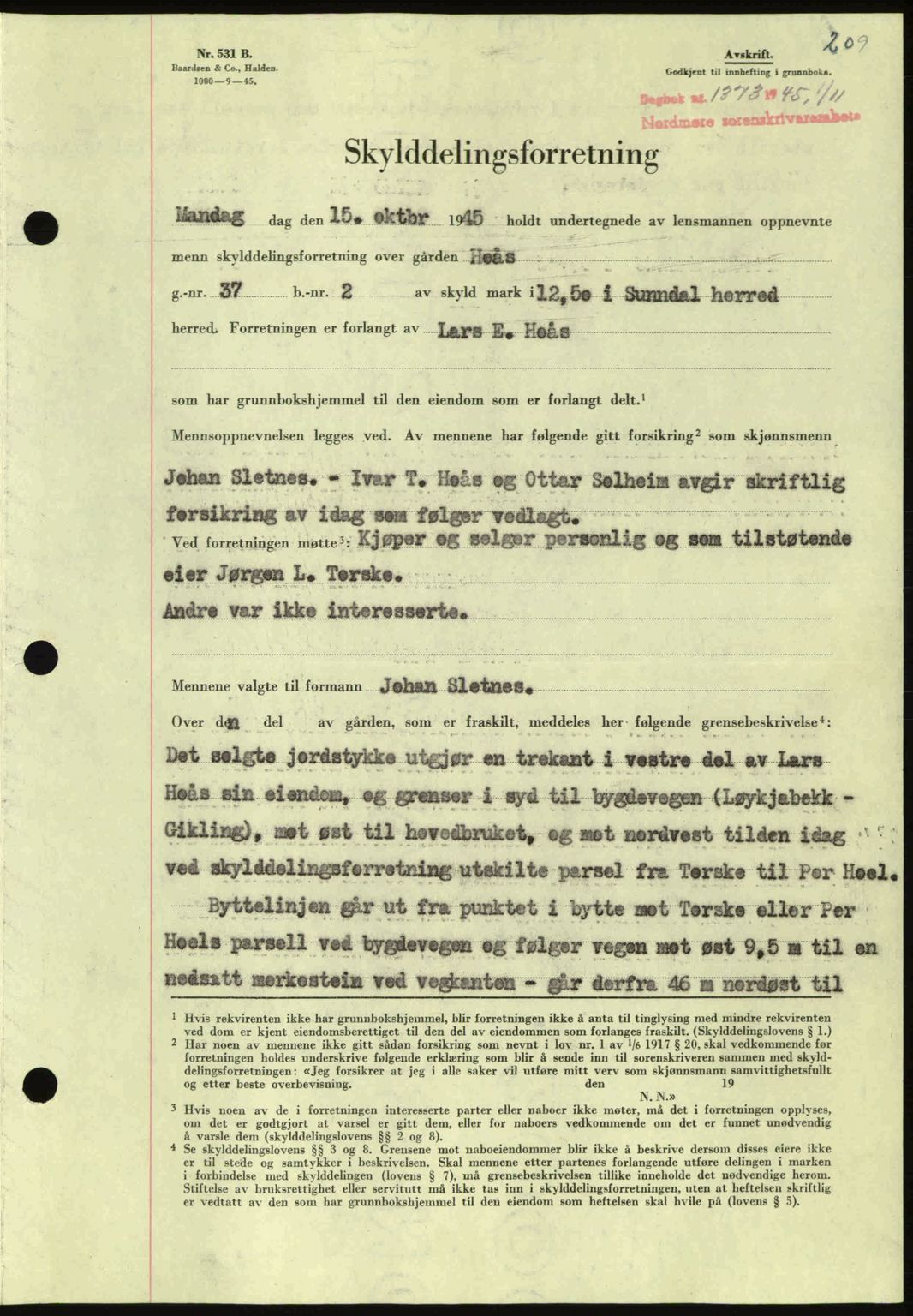 Nordmøre sorenskriveri, AV/SAT-A-4132/1/2/2Ca: Pantebok nr. A100a, 1945-1945, Dagboknr: 1373/1945