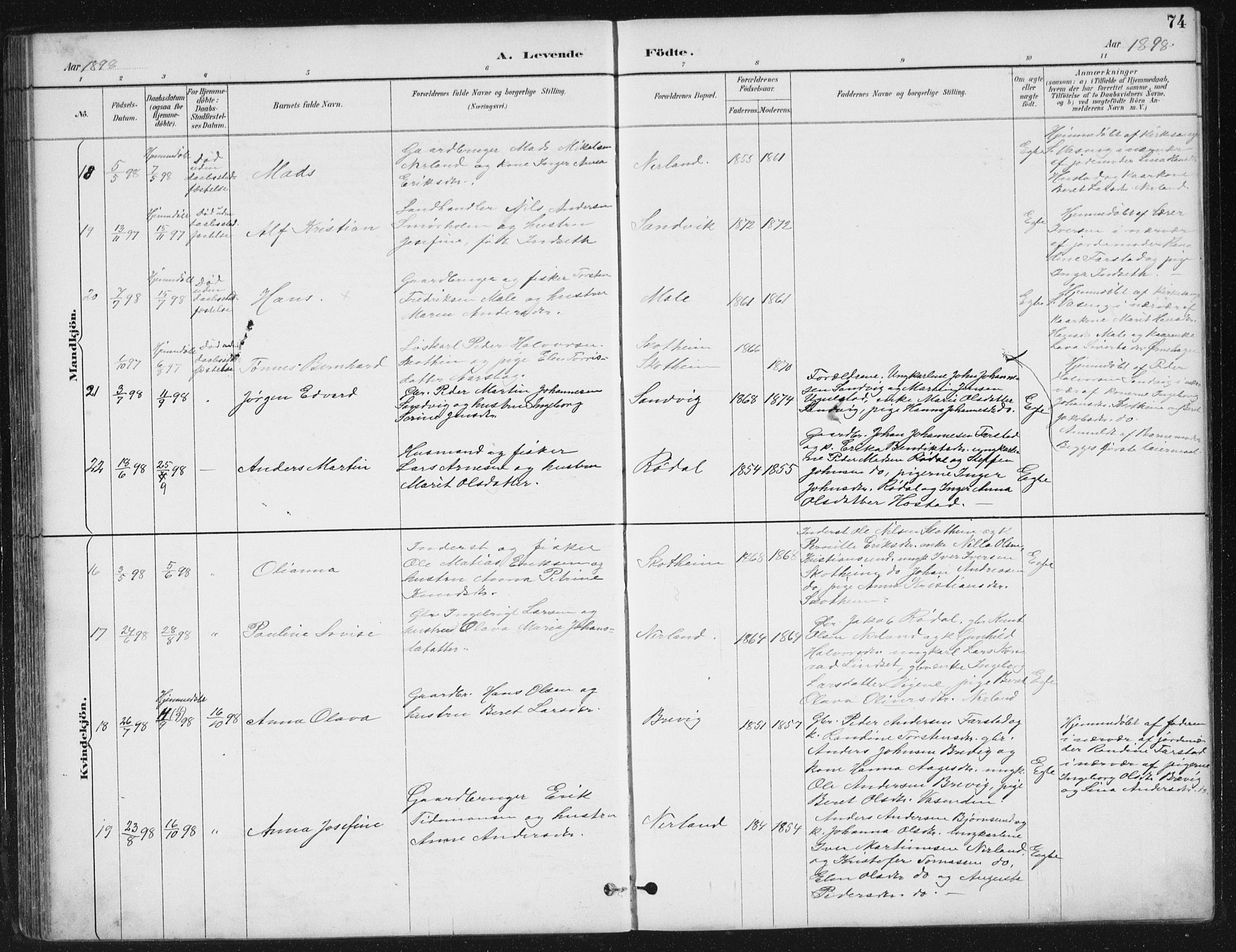 Ministerialprotokoller, klokkerbøker og fødselsregistre - Møre og Romsdal, AV/SAT-A-1454/567/L0783: Klokkerbok nr. 567C03, 1887-1903, s. 74