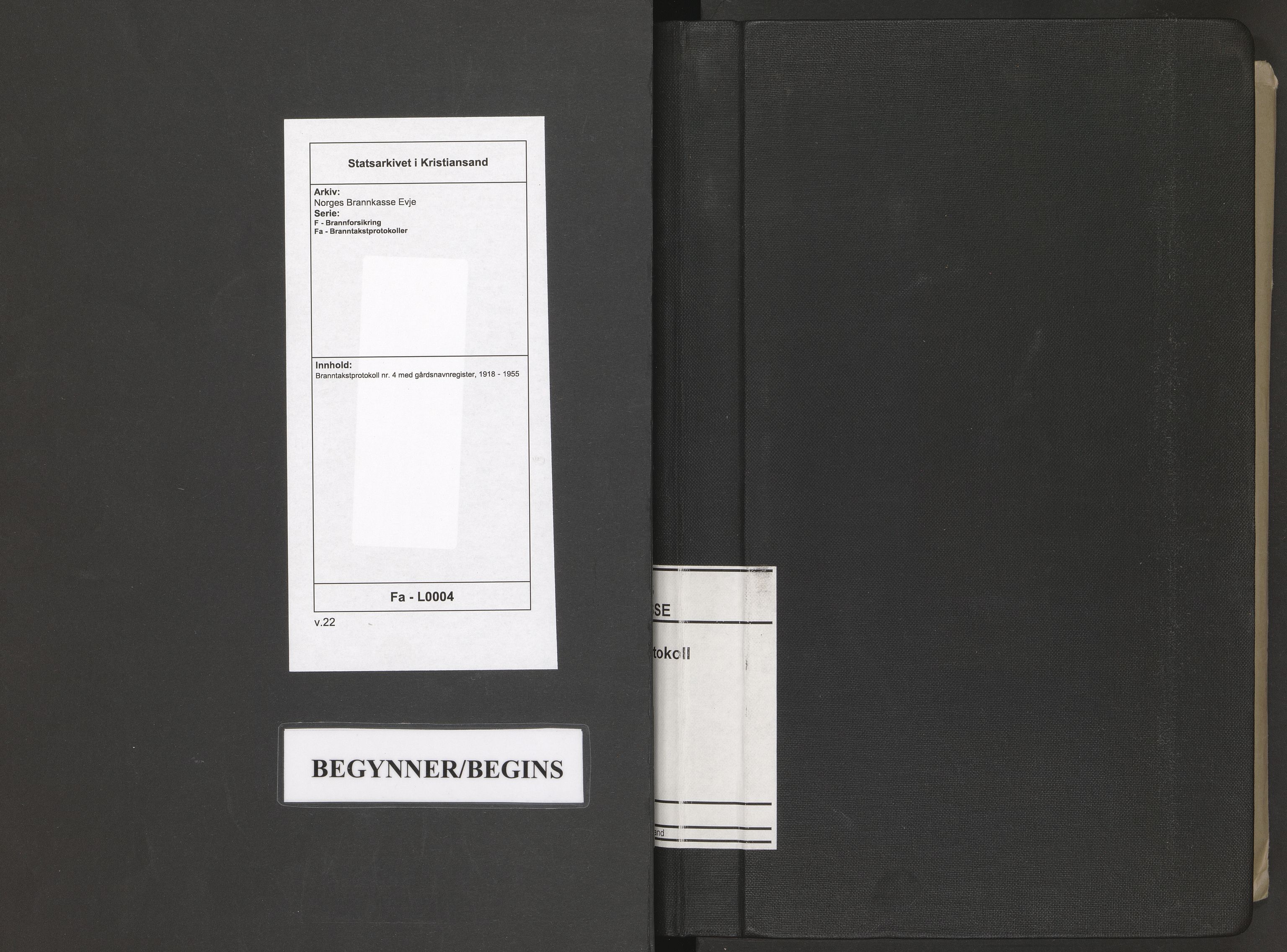 Norges Brannkasse Evje, SAK/2241-0010/F/Fa/L0004: Branntakstprotokoll nr. 4 med gårdsnavnregister, 1918-1955