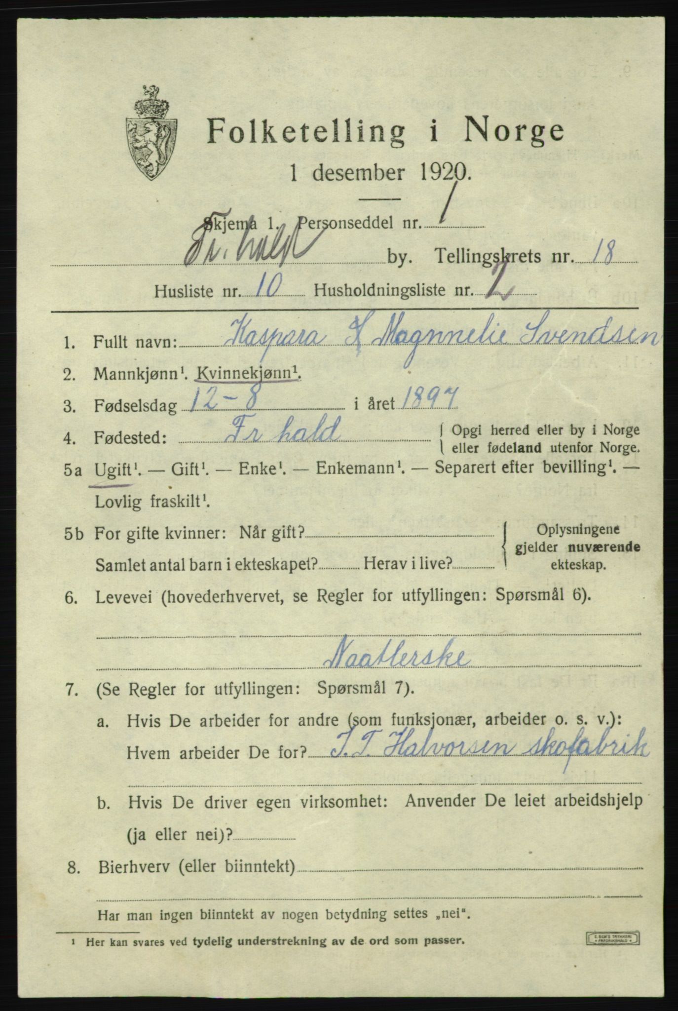 SAO, Folketelling 1920 for 0101 Fredrikshald kjøpstad, 1920, s. 27319