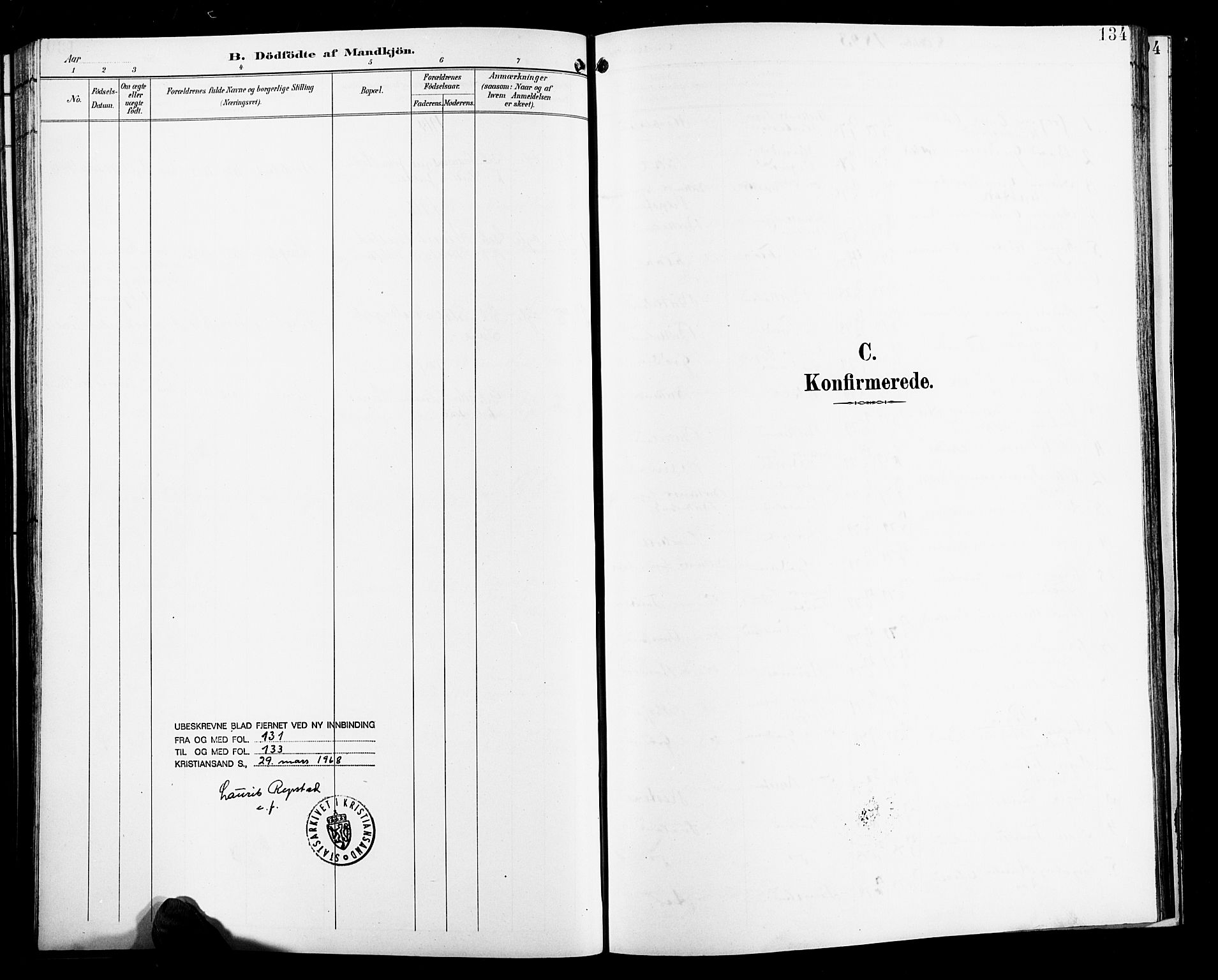 Birkenes sokneprestkontor, SAK/1111-0004/F/Fb/L0004: Klokkerbok nr. B 4, 1893-1930, s. 134