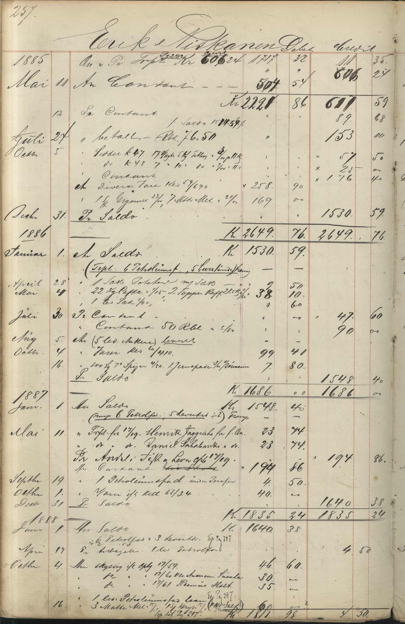 Brodtkorb handel A/S, VAMU/A-0001/F/Fc/L0001/0001: Konto for kvener og nordmenn på Kolahalvøya  / Conto for Kvæner og Nordmænd paa Russefinmarken No 1, 1868-1894, s. 257