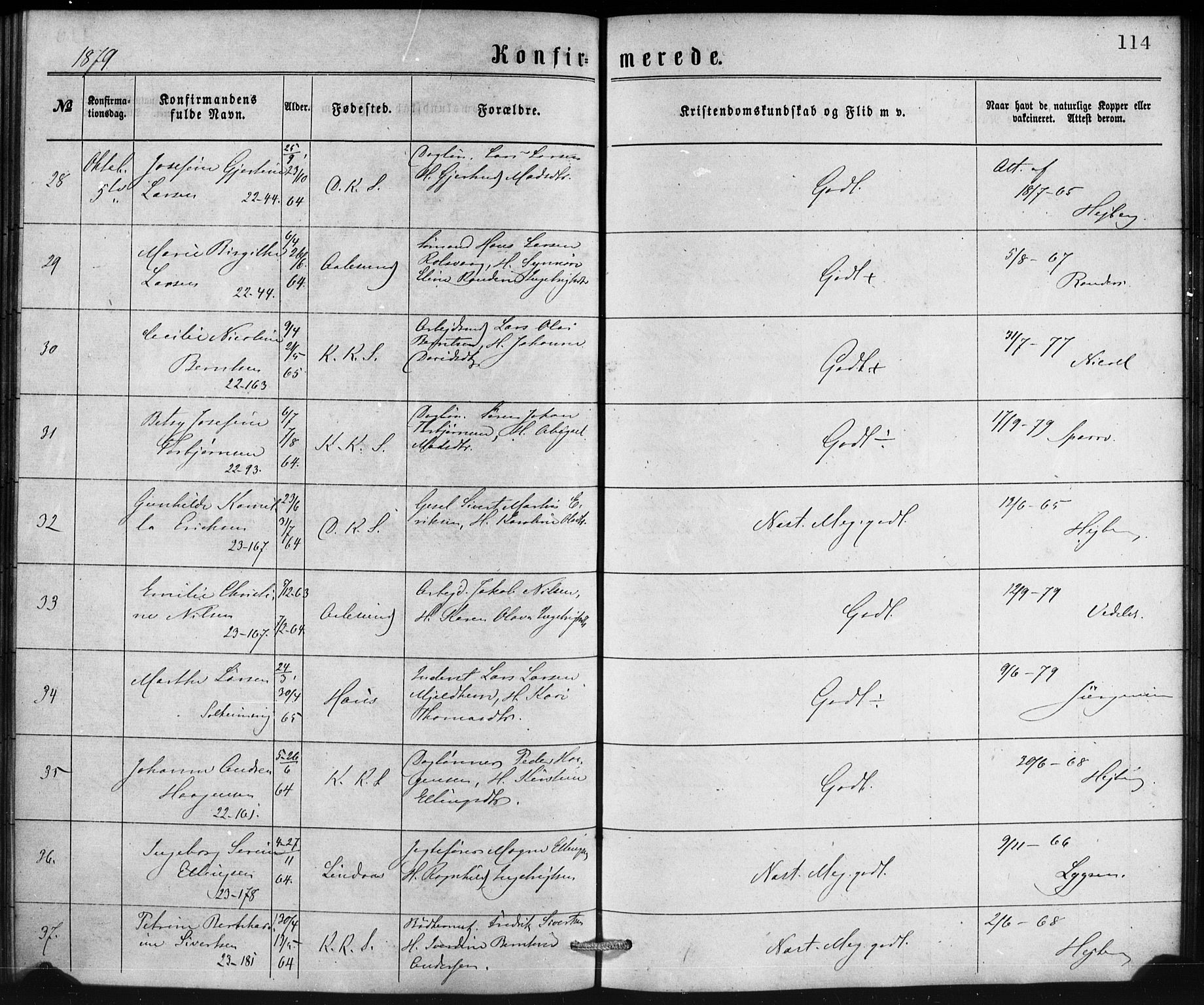 Korskirken sokneprestembete, SAB/A-76101/H/Haa/L0070: Residerende kapellans bok nr. A 5, 1869-1885, s. 114