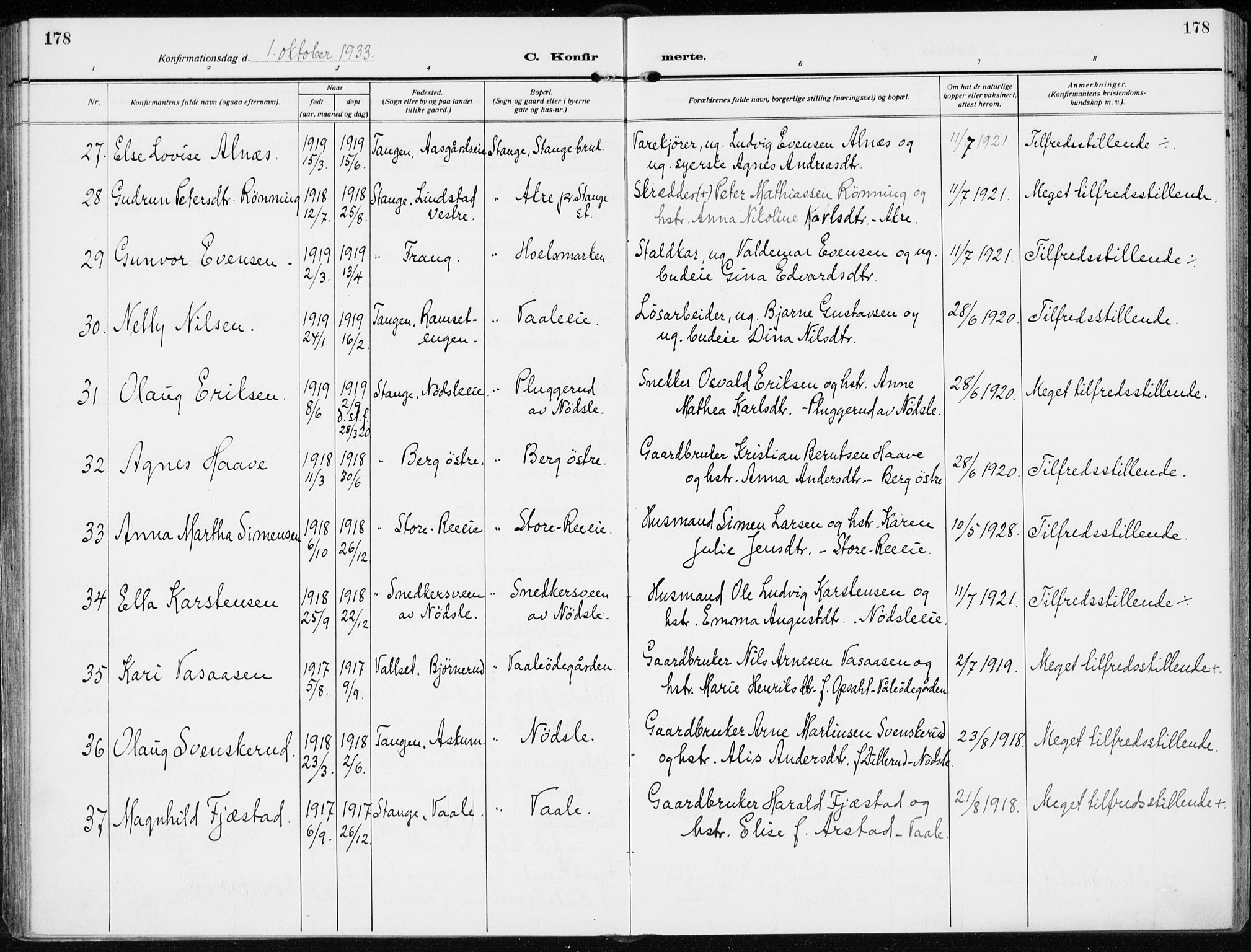 Stange prestekontor, AV/SAH-PREST-002/K/L0026: Ministerialbok nr. 26, 1923-1937, s. 178