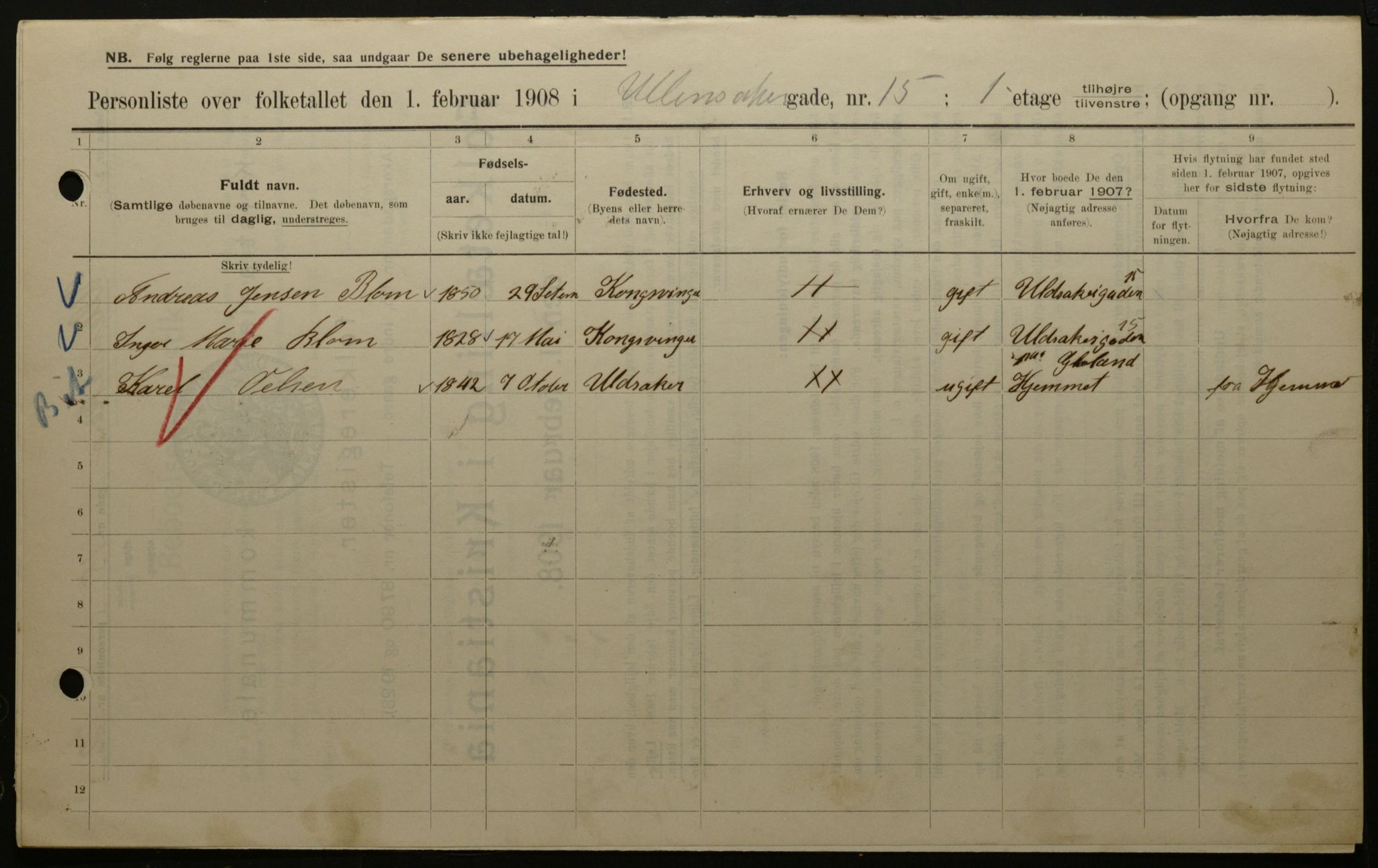 OBA, Kommunal folketelling 1.2.1908 for Kristiania kjøpstad, 1908, s. 106705