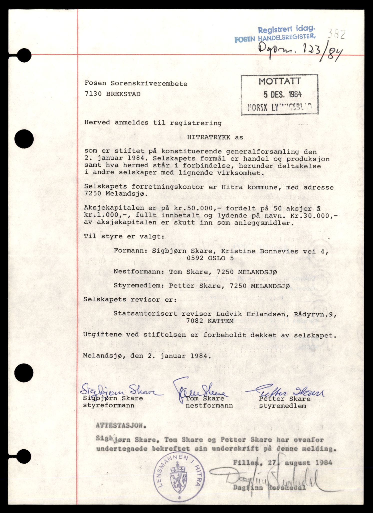 Fosen sorenskriveri, AV/SAT-A-1107/2/J/Jd/Jdc/L0015: Bilag, 1984-1985, s. 3