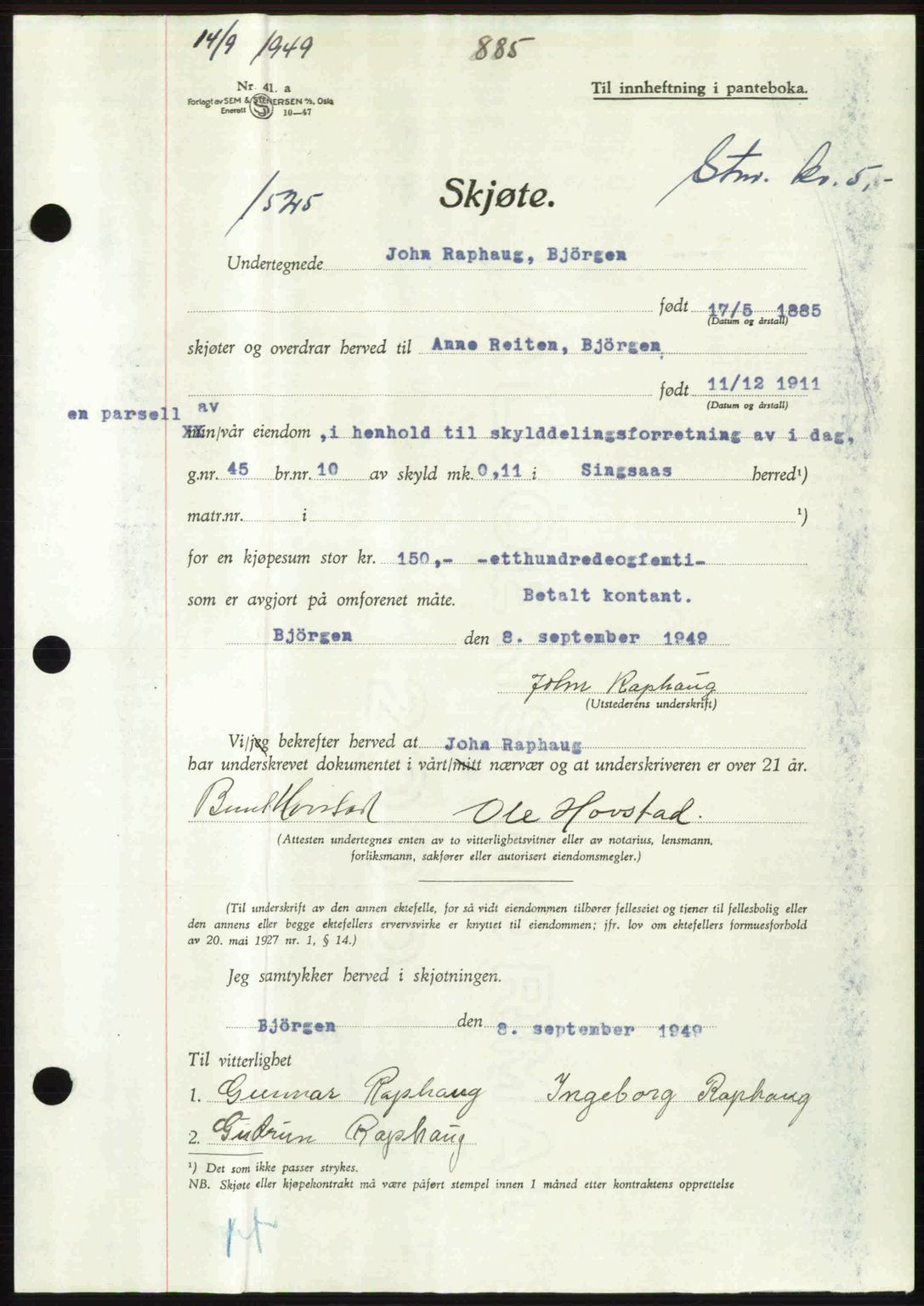 Gauldal sorenskriveri, SAT/A-0014/1/2/2C: Pantebok nr. A8, 1949-1949, Dagboknr: 1525/1949