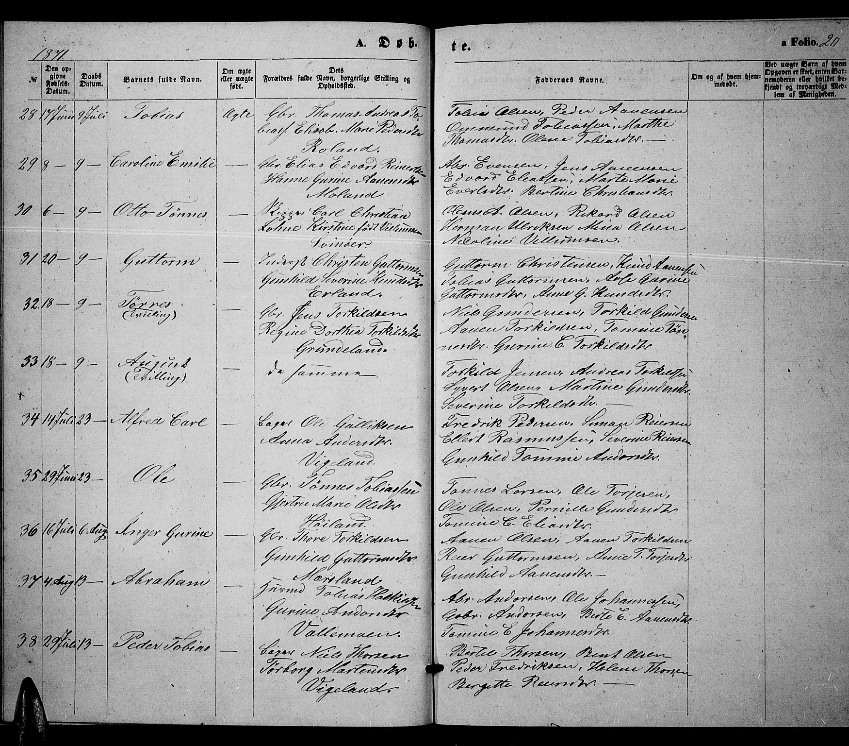 Sør-Audnedal sokneprestkontor, AV/SAK-1111-0039/F/Fb/Fbb/L0004: Klokkerbok nr. B 4, 1868-1879, s. 20
