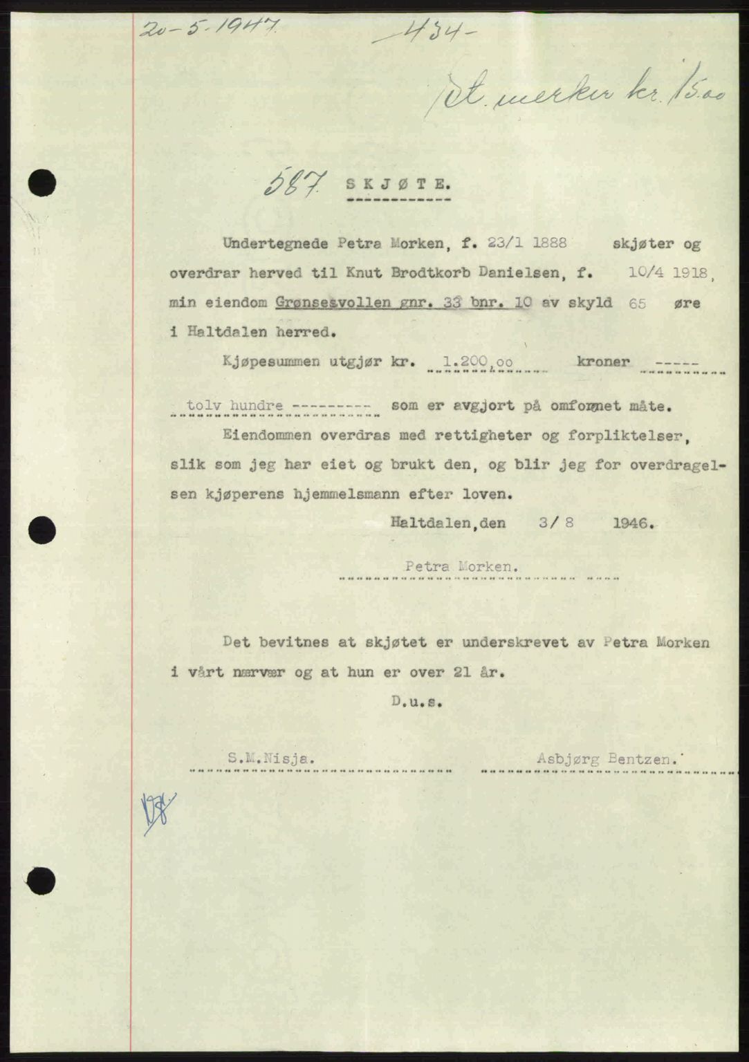Gauldal sorenskriveri, SAT/A-0014/1/2/2C: Pantebok nr. A3, 1947-1947, Dagboknr: 587/1947