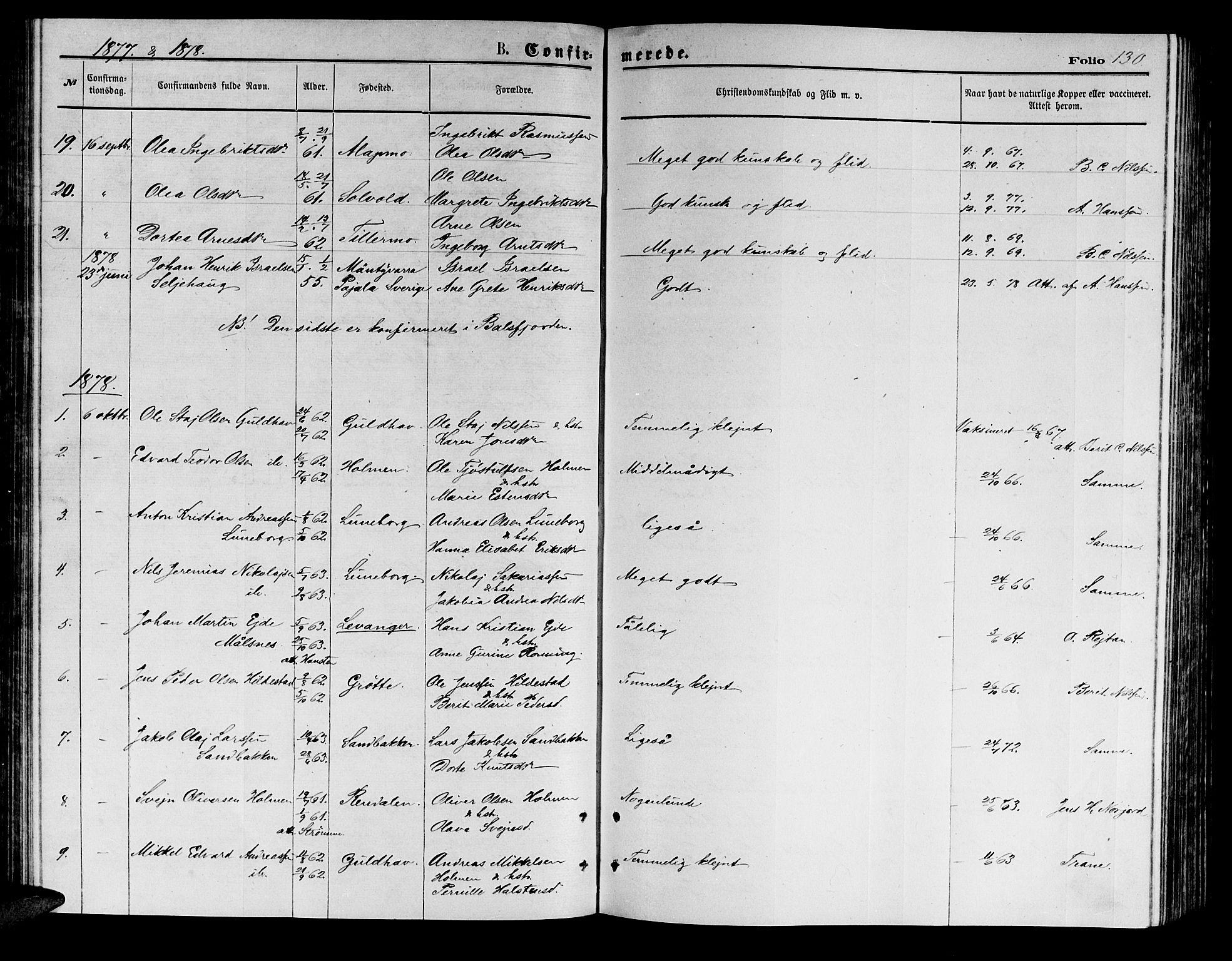 Målselv sokneprestembete, AV/SATØ-S-1311/G/Ga/Gab/L0003klokker: Klokkerbok nr. 3, 1874-1885, s. 130