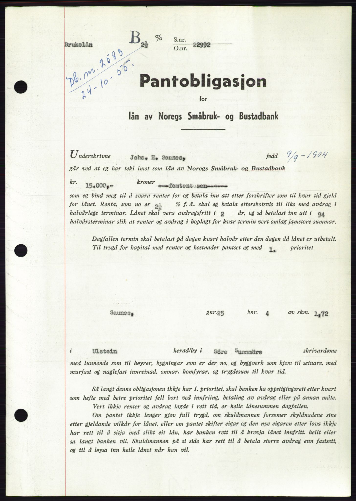 Søre Sunnmøre sorenskriveri, SAT/A-4122/1/2/2C/L0127: Pantebok nr. 15B, 1955-1955, Dagboknr: 2583/1955