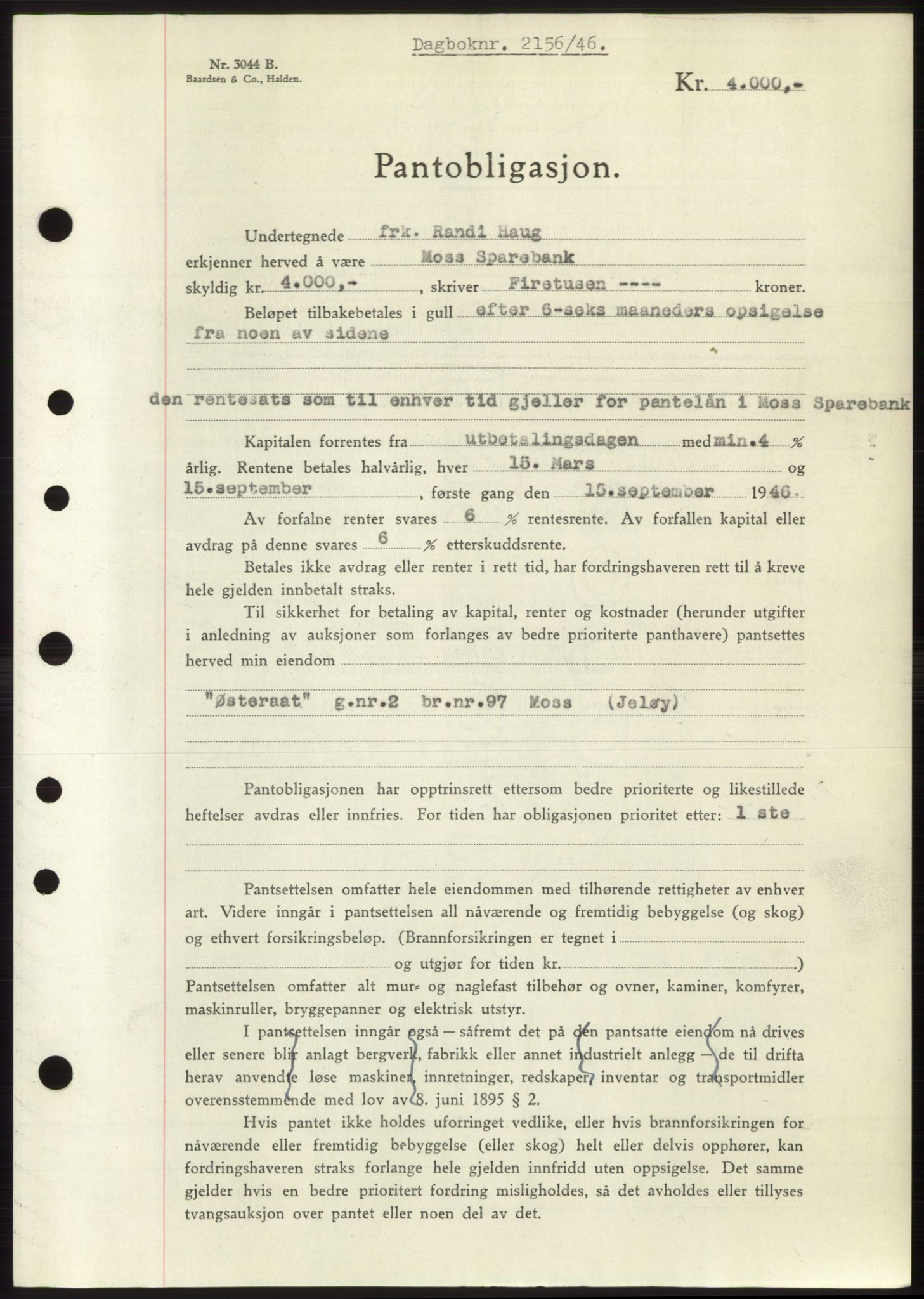 Moss sorenskriveri, SAO/A-10168: Pantebok nr. B15, 1946-1946, Dagboknr: 2156/1946