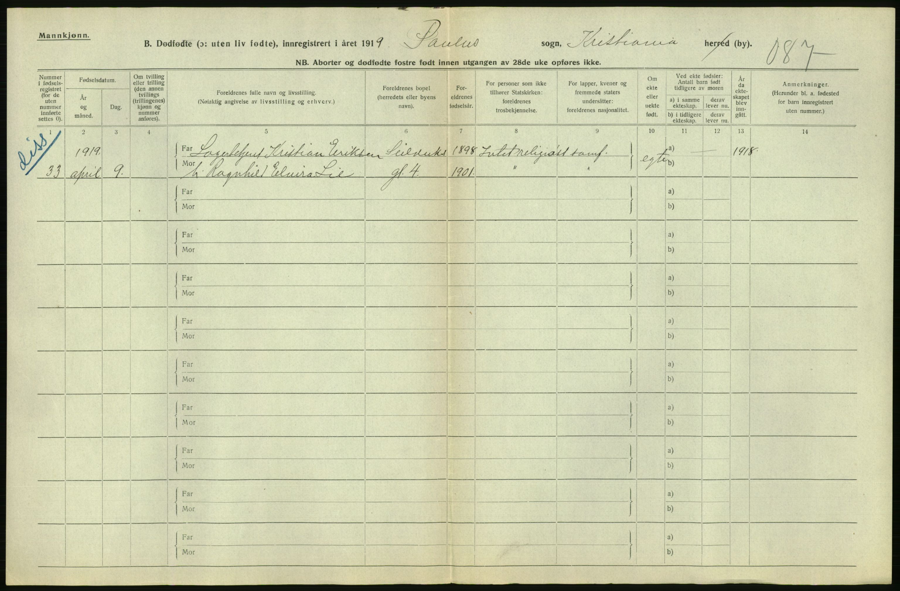 Statistisk sentralbyrå, Sosiodemografiske emner, Befolkning, AV/RA-S-2228/D/Df/Dfb/Dfbi/L0011: Kristiania: Døde, dødfødte, 1919