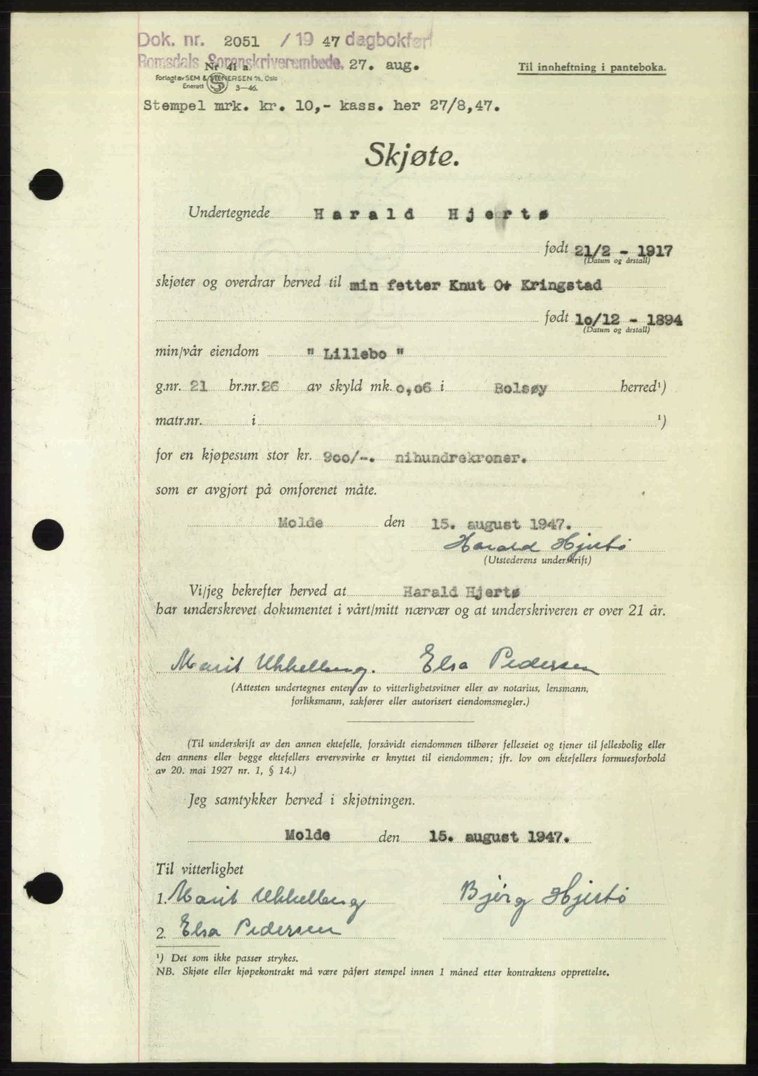 Romsdal sorenskriveri, AV/SAT-A-4149/1/2/2C: Pantebok nr. A23, 1947-1947, Dagboknr: 2051/1947