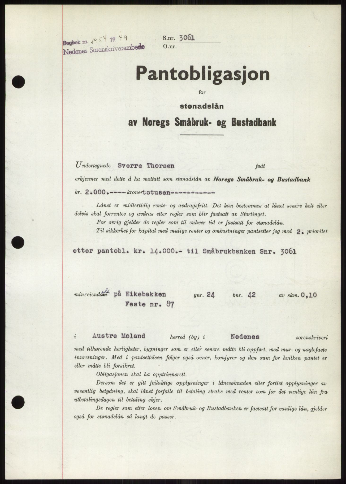 Nedenes sorenskriveri, SAK/1221-0006/G/Gb/Gbb/L0007: Pantebok nr. B7, 1949-1950, Dagboknr: 1954/1949