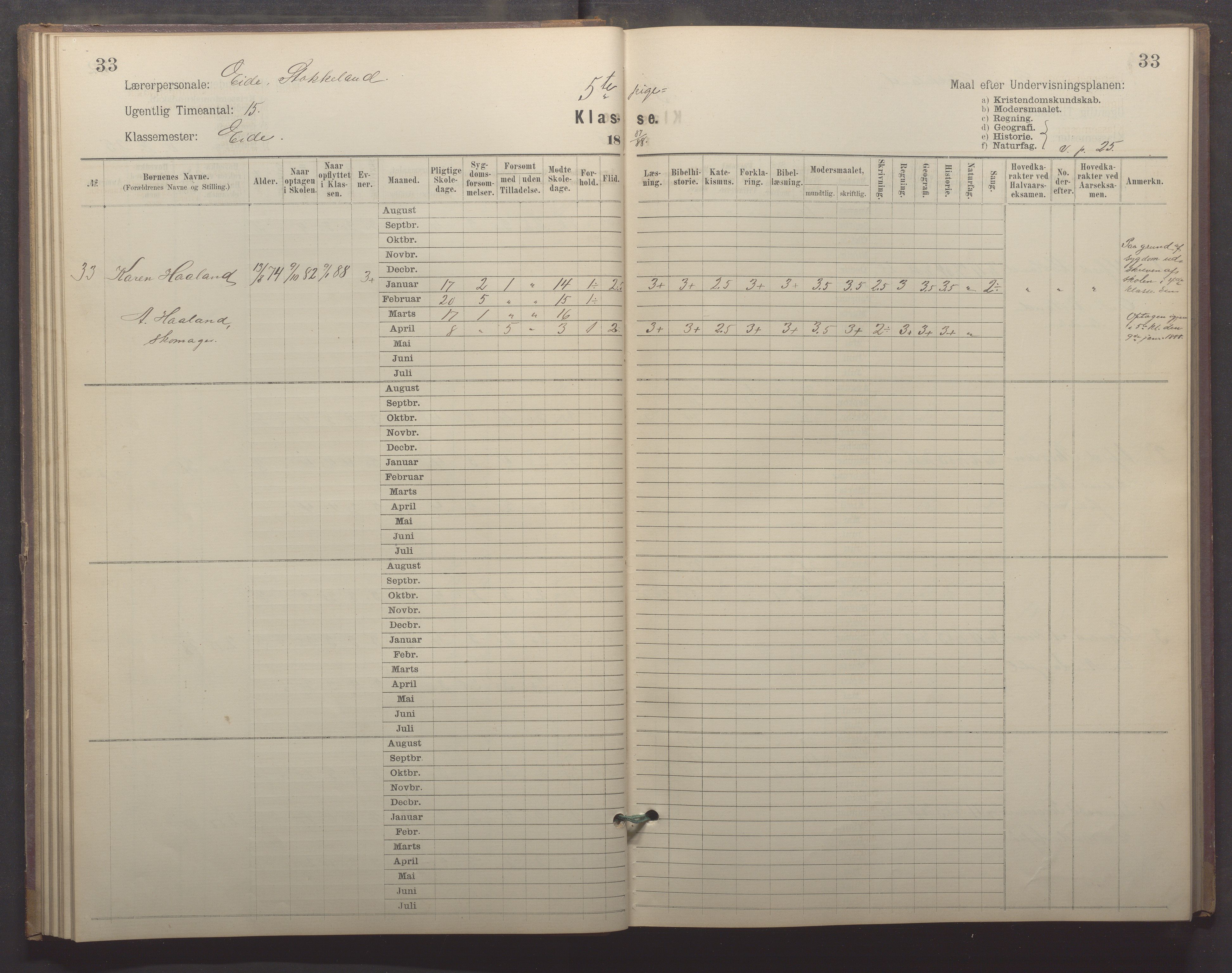 Egersund kommune (Ladested) - Egersund almueskole/folkeskole, IKAR/K-100521/H/L0022: Skoleprotokoll - Almueskolen, 5. klasse, 1886-1892, s. 33