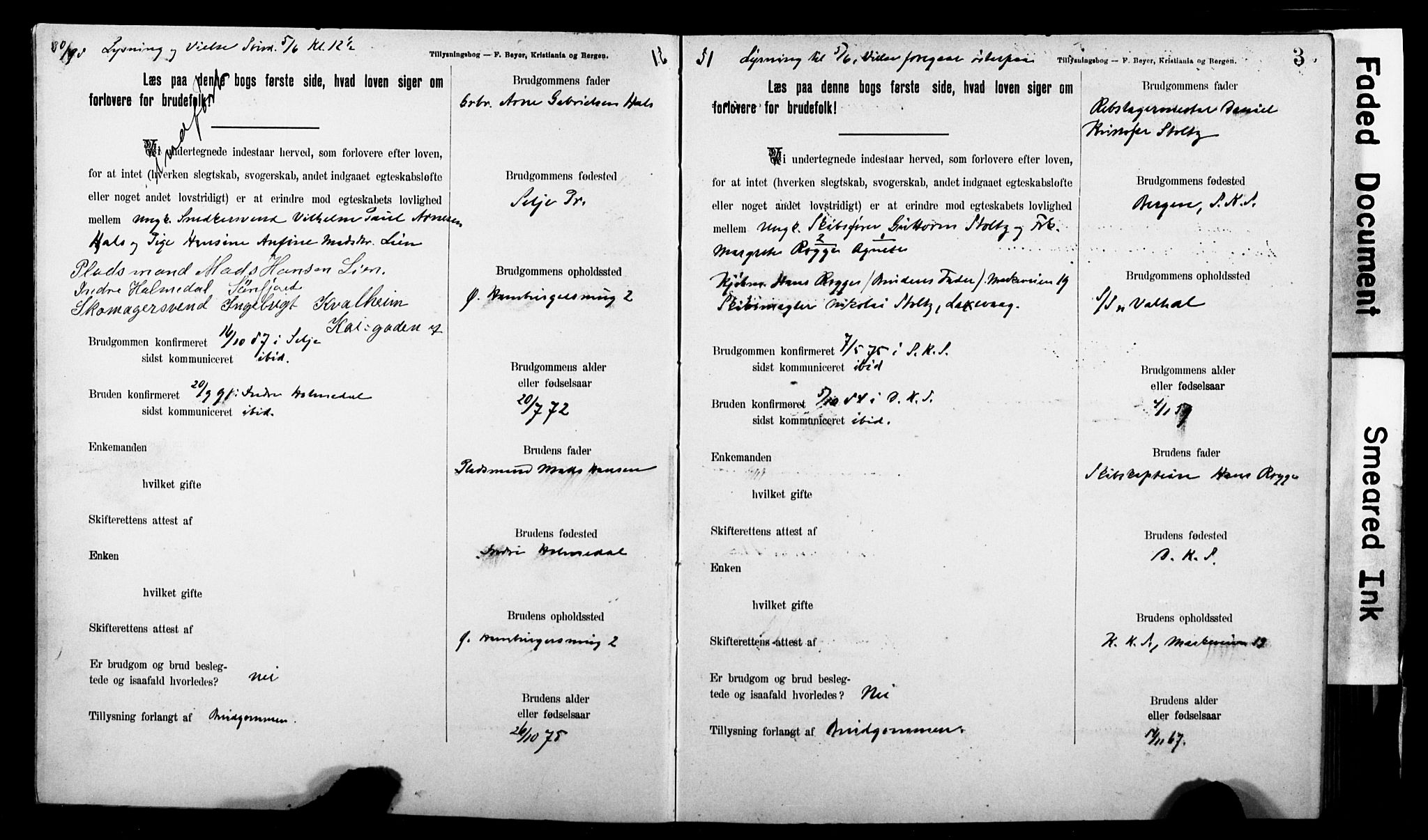 Korskirken sokneprestembete, SAB/A-76101: Forlovererklæringer nr. II.5.7, 1898-1903, s. 3