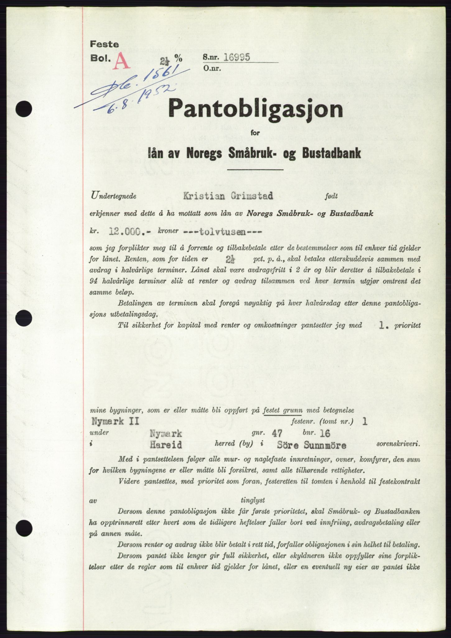 Søre Sunnmøre sorenskriveri, AV/SAT-A-4122/1/2/2C/L0121: Pantebok nr. 9B, 1951-1952, Dagboknr: 1561/1952