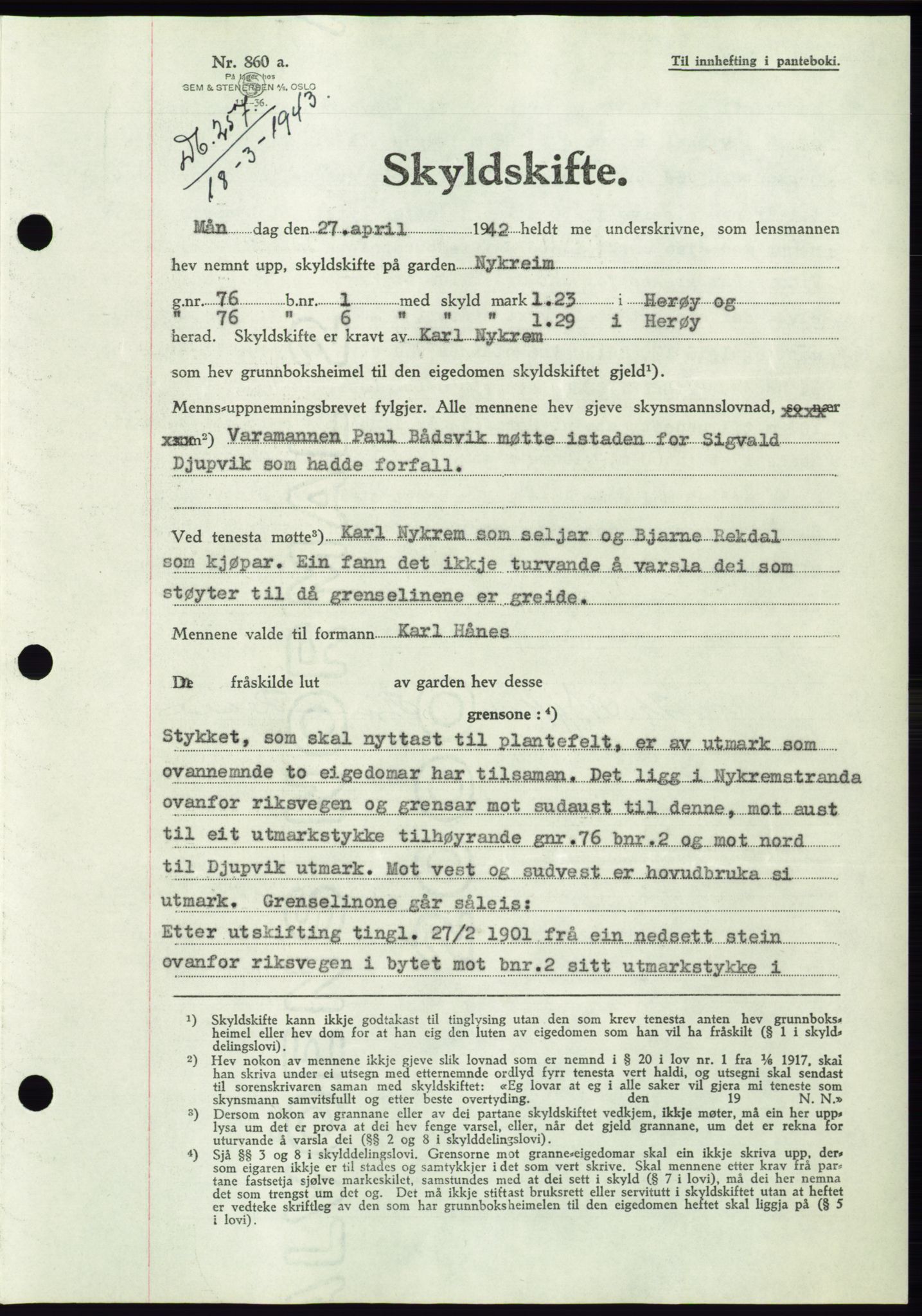 Søre Sunnmøre sorenskriveri, AV/SAT-A-4122/1/2/2C/L0075: Pantebok nr. 1A, 1943-1943, Dagboknr: 257/1943